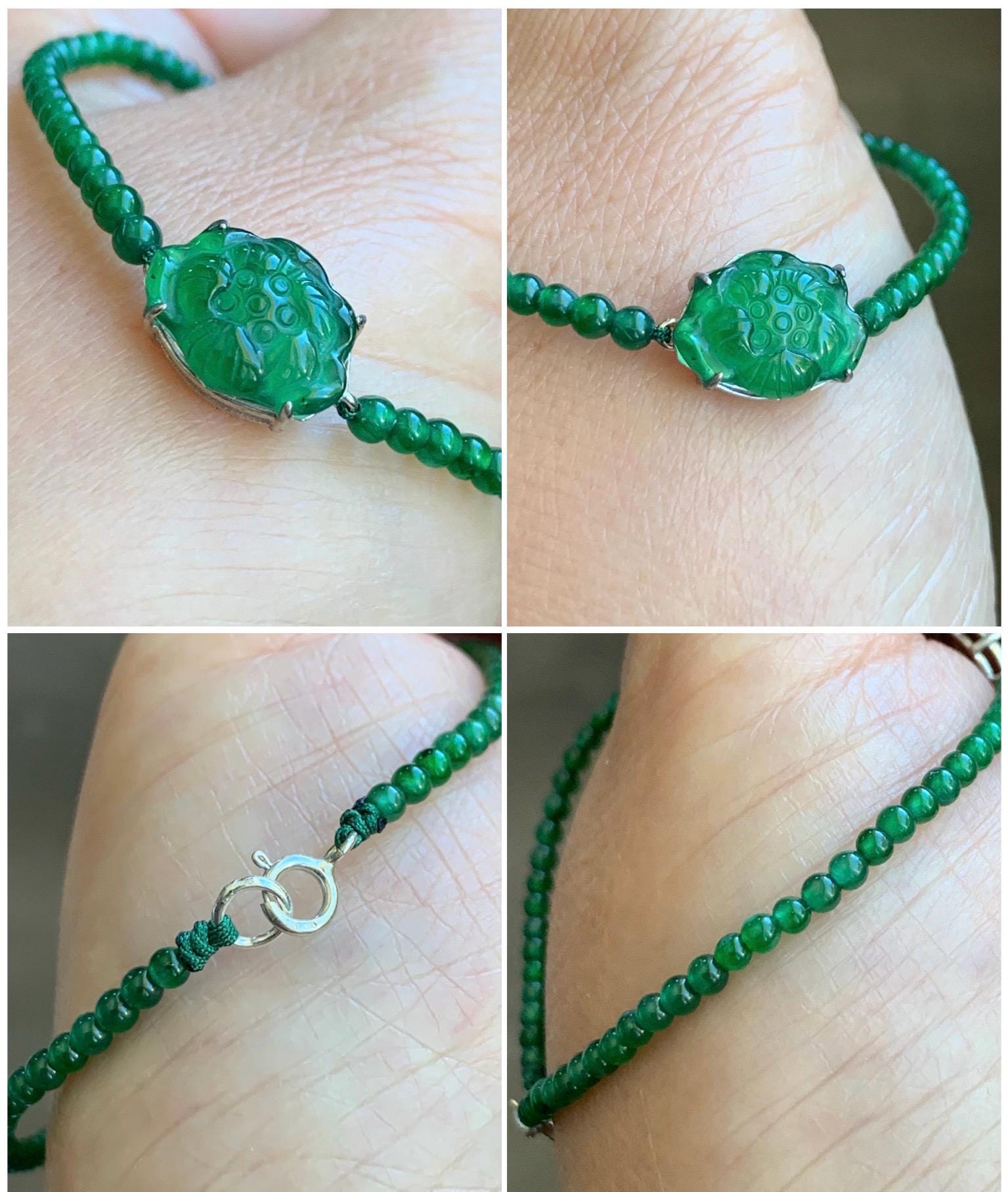 Natural Guatemalan Icy Translucent Vibrant Green Jadeite Lotus Flower Petite Beaded Bracelet 6.75” Sterling Silver 3g 天然冰危绿翡翠莲花小圆珠手串 LHX400