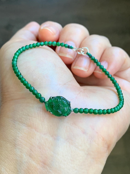 Natural Guatemalan Icy Translucent Vibrant Green Jadeite Lotus Flower Petite Beaded Bracelet 6.75” Sterling Silver 3g 天然冰危绿翡翠莲花小圆珠手串 LHX400