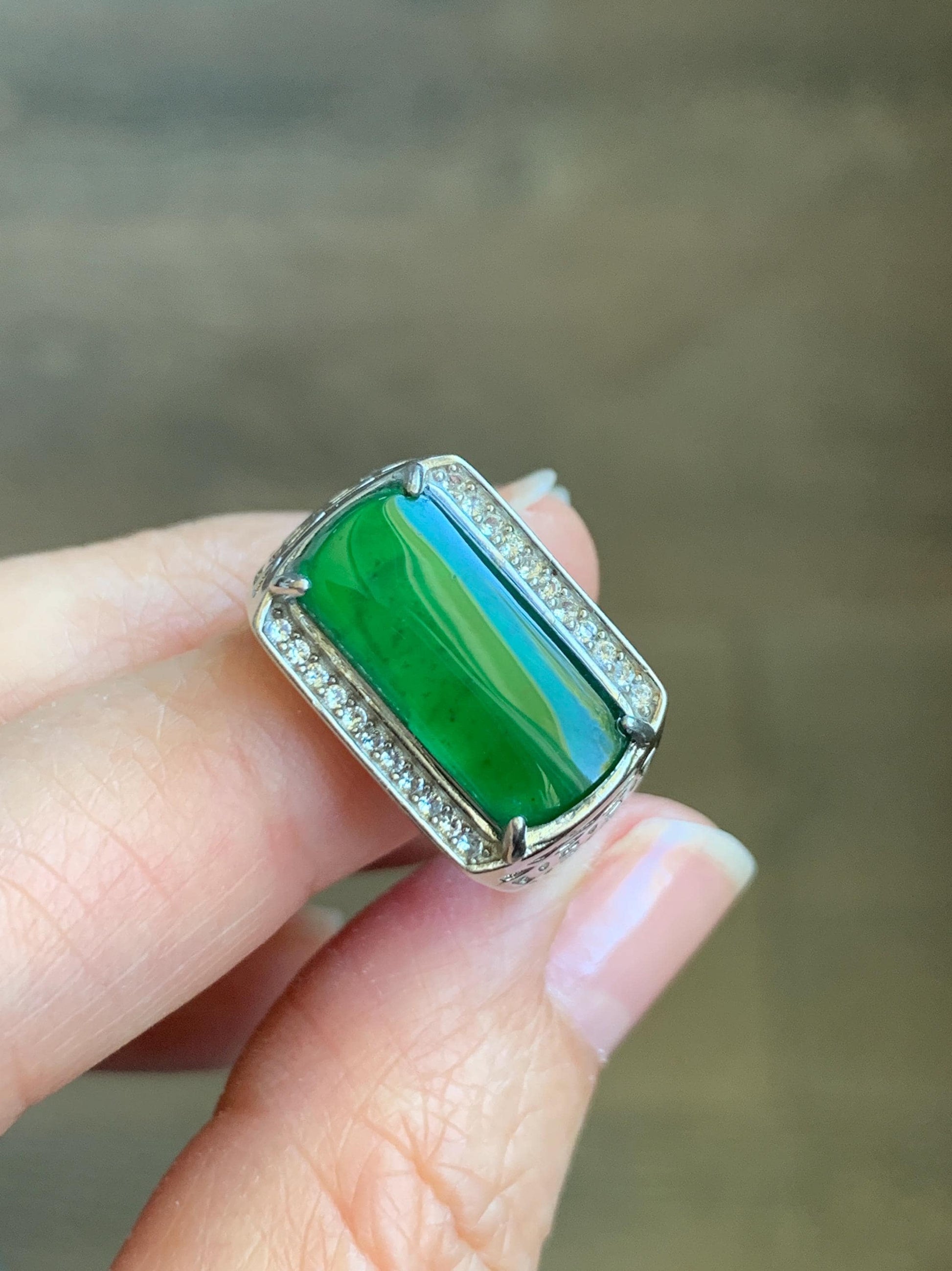 Certified Natural Grade A Guatemalan Icy Highly Translucent Vibrant Green Jadeite Saddle Ring Sterling Silver Adjustable 天然冰危绿翡翠马鞍银镶戒指 1505