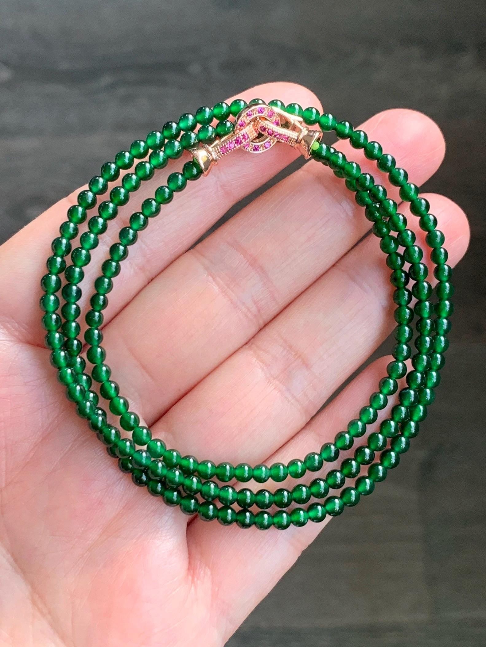 Certified Natural Guatemalan Icy Highly Translucent Vibrant Green Jadeite Petite Beads Beaded Necklace 3.14mm 21" 10g 天然老种冰危绿小圆珠项链 1700