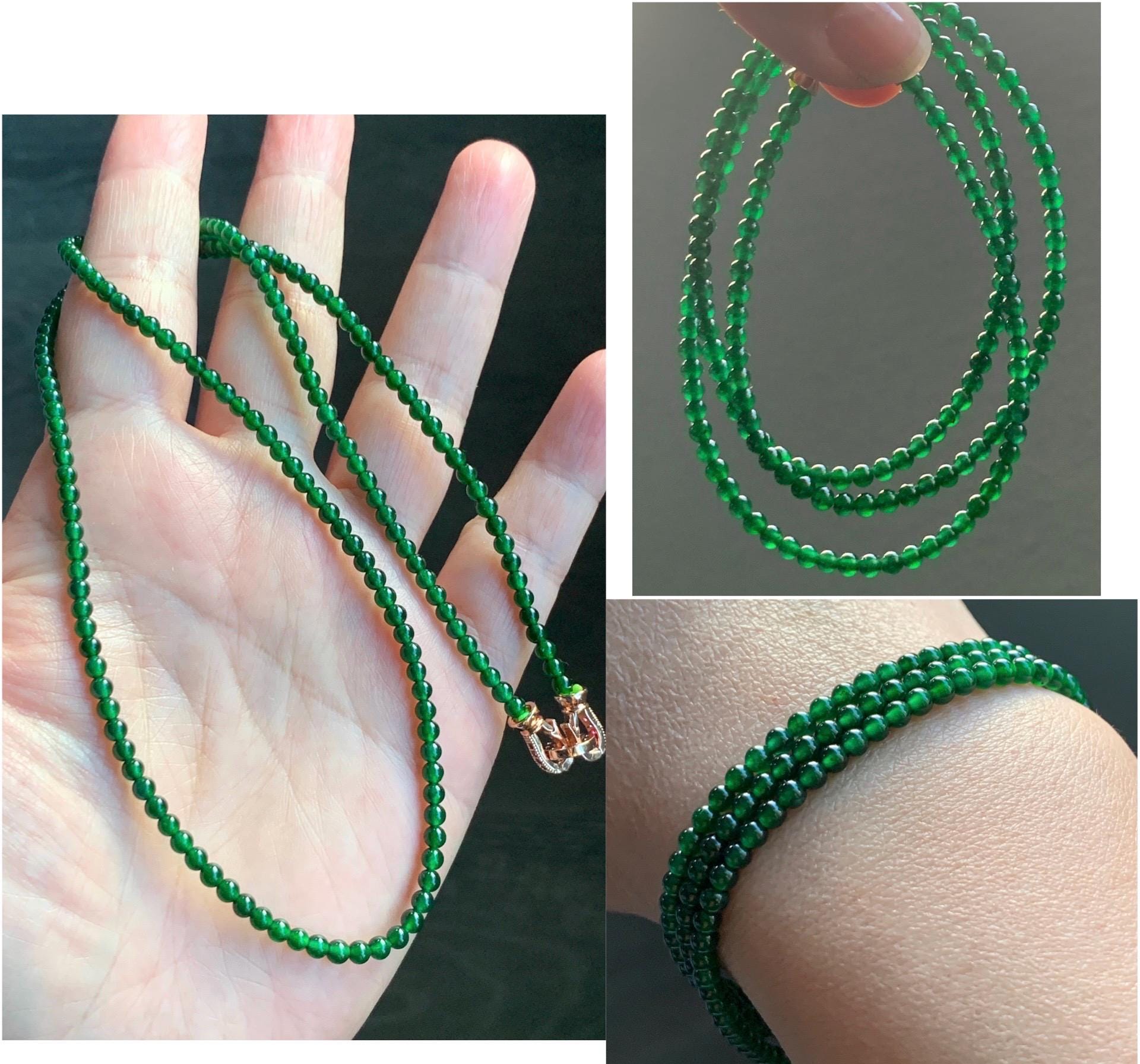 Certified Natural Guatemalan Icy Highly Translucent Vibrant Green Jadeite Petite Beads Beaded Necklace 3.14mm 21" 10g 天然老种冰危绿小圆珠项链 1700