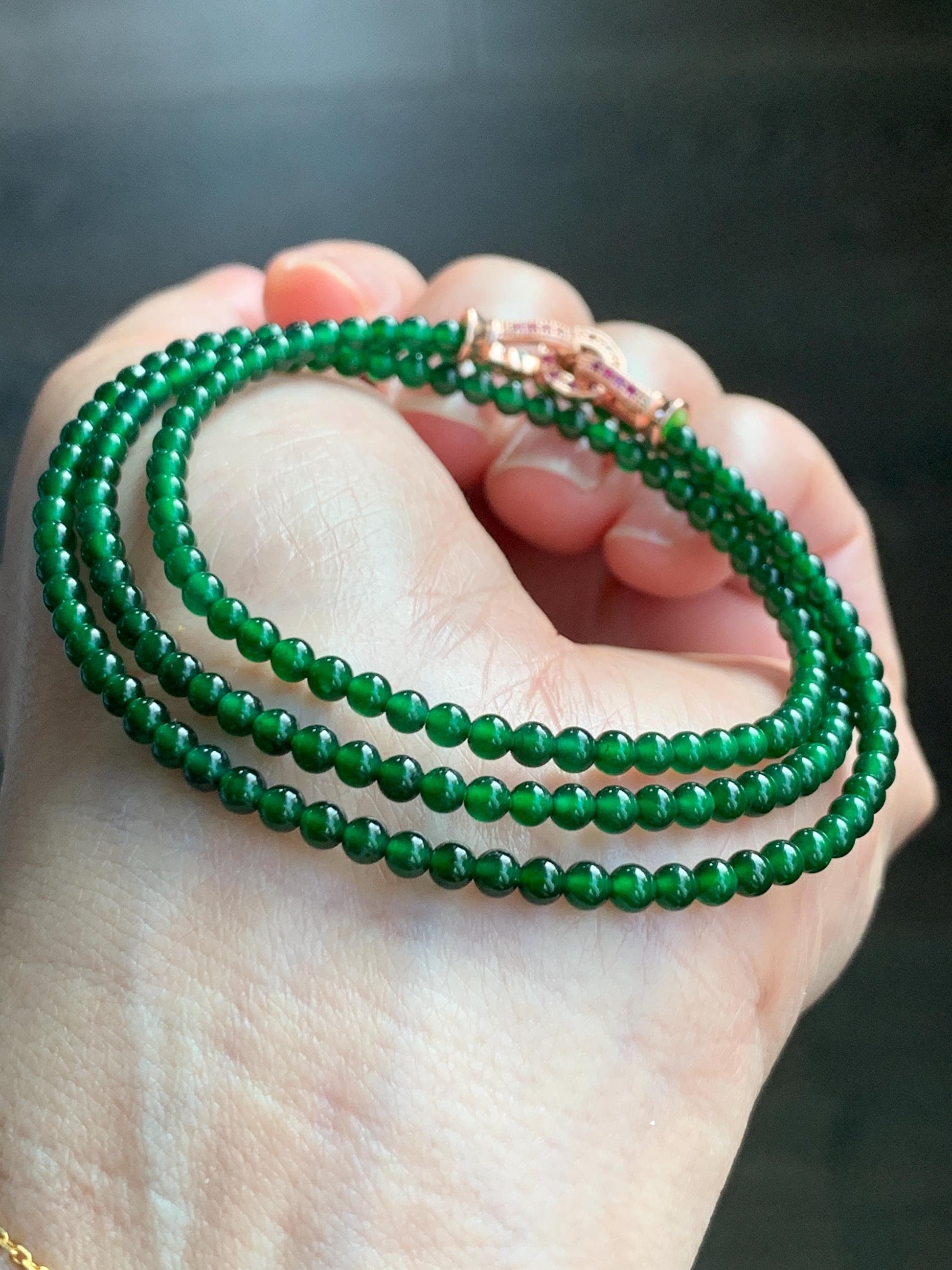 Certified Natural Guatemalan Icy Highly Translucent Vibrant Green Jadeite Petite Beads Beaded Necklace 3.14mm 21" 10g 天然老种冰危绿小圆珠项链 1700