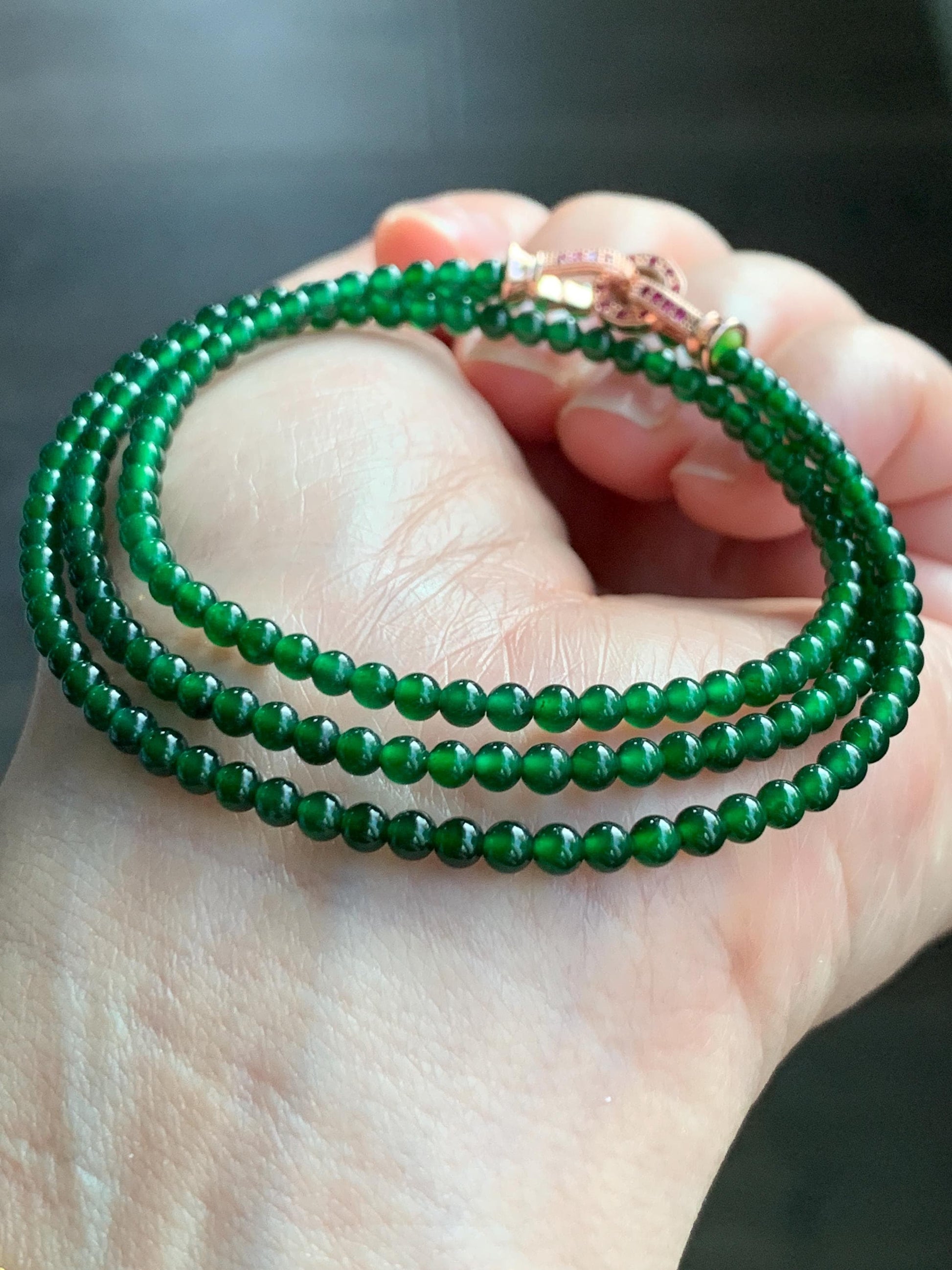 Certified Natural Guatemalan Icy Highly Translucent Vibrant Green Jadeite Petite Beads Beaded Necklace 3.14mm 21" 10g 天然老种冰危绿小圆珠项链 1700