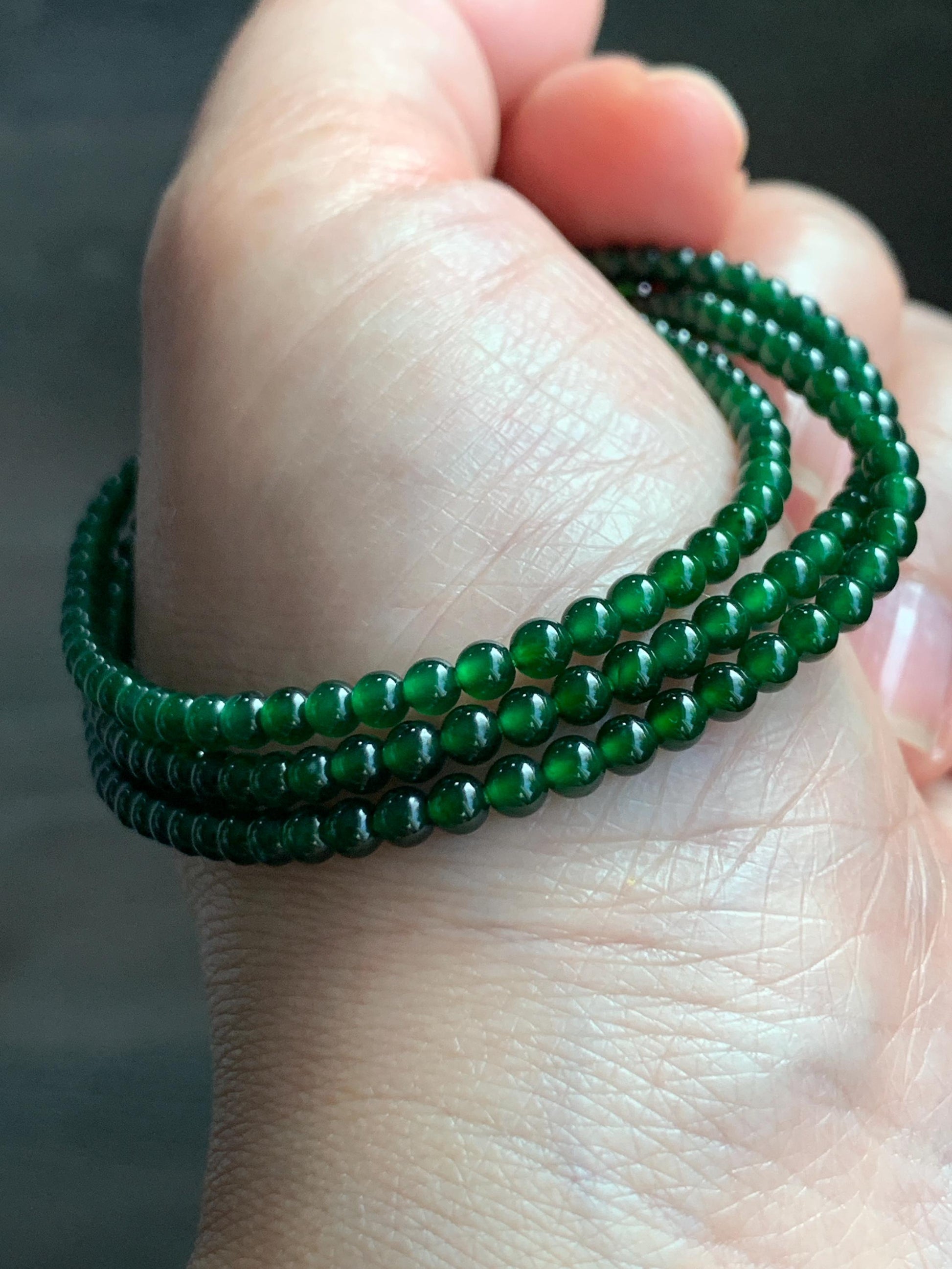 Certified Natural Guatemalan Icy Highly Translucent Vibrant Green Jadeite Petite Beads Beaded Necklace 3.14mm 21" 10g 天然老种冰危绿小圆珠项链 1700
