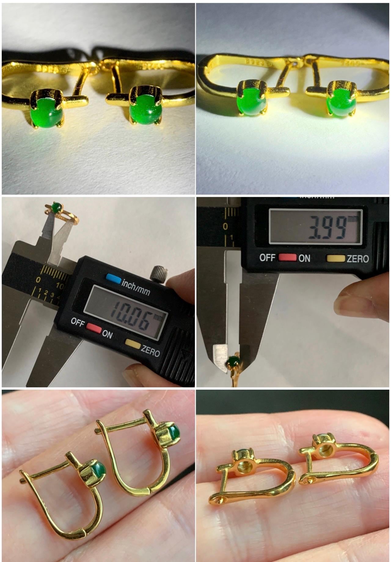Natural Guatemalan Grade A Icy Translucent Vibrant Green Jadeite Hoop Huggie Earrings Sterling Silver Yellow Gold Overlay 天然冰危绿翡翠银镶耳包 JDEB55