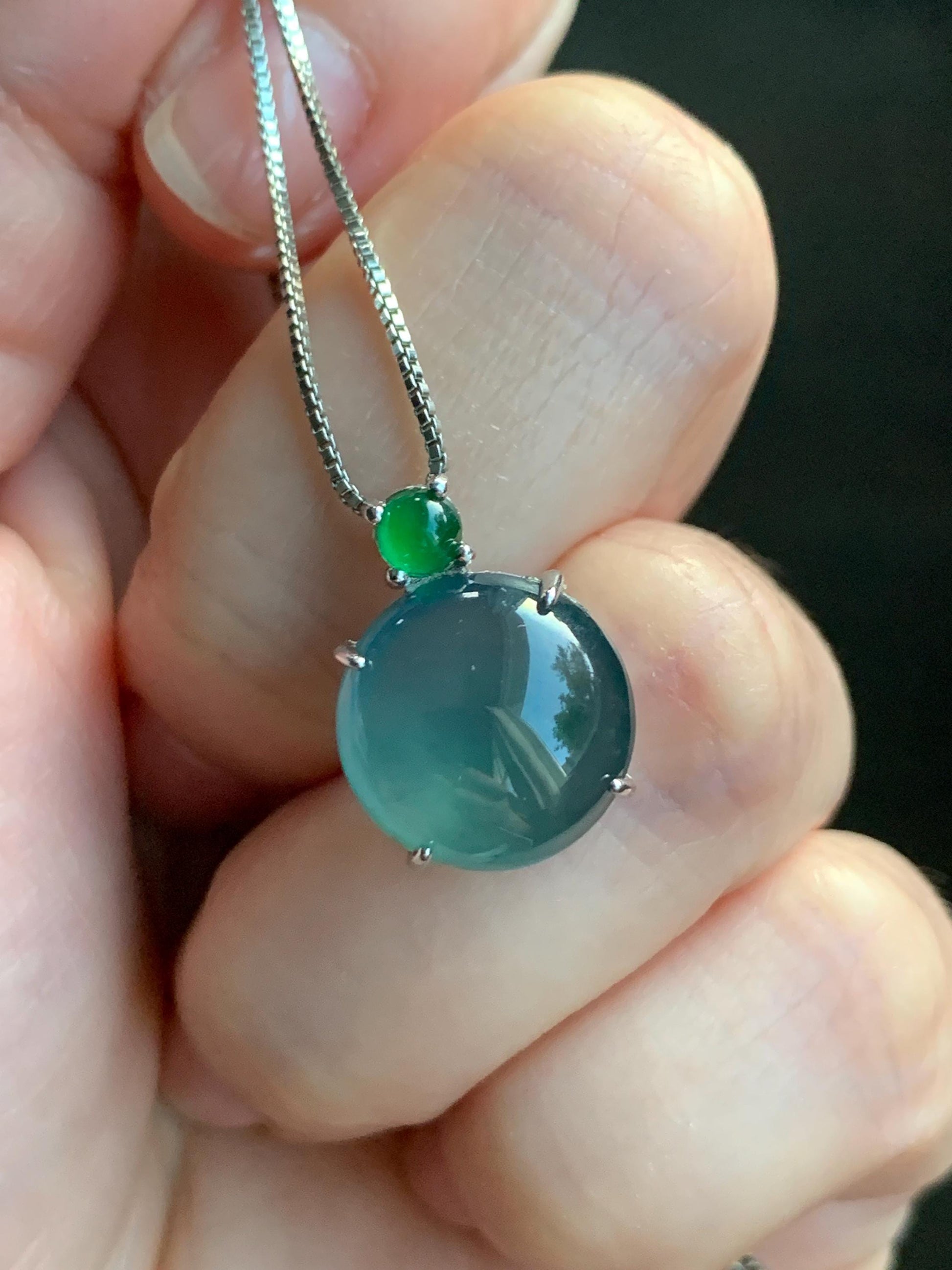 Natural Guatemalan Grade A Icy Highly Translucent Teal Blue Jadeite Large Round Cabochon Pendant Sterling Silver 天然冰危蓝翡翠大蛋面银镶吊坠 DWD128