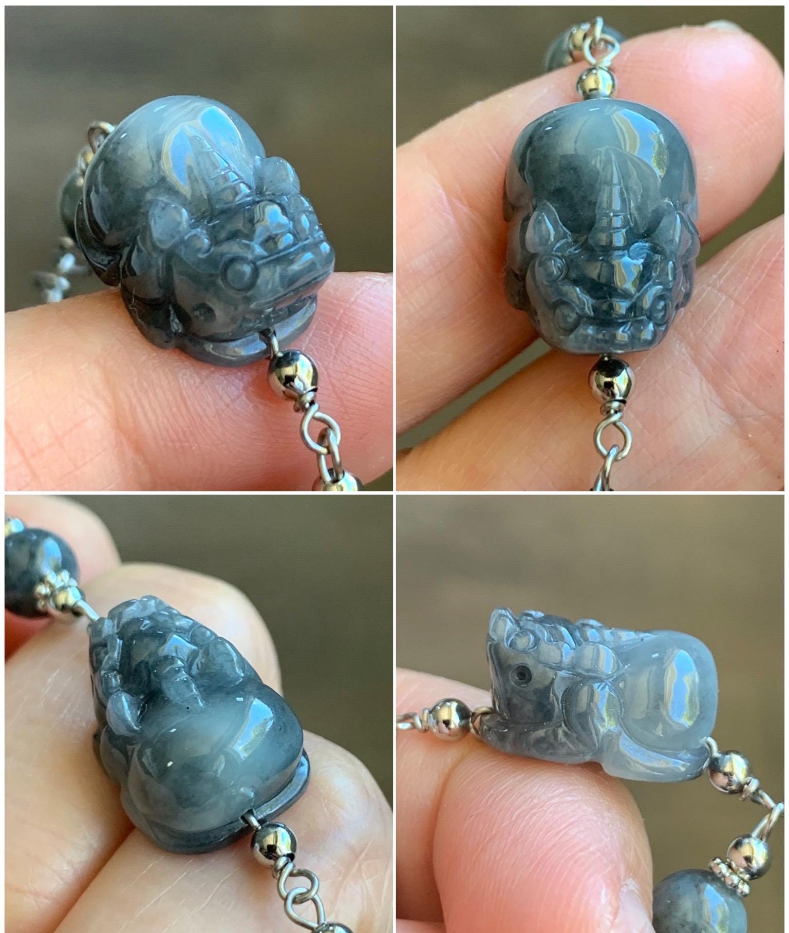 Natural Grade A Translucent Wuji Jadeite Carved Pixiu & Beads Chain Bracelet 14K White Gold Plated adjustable 7.5” 天然乌鸡翡翠貔貅14K包金手链 WPX50