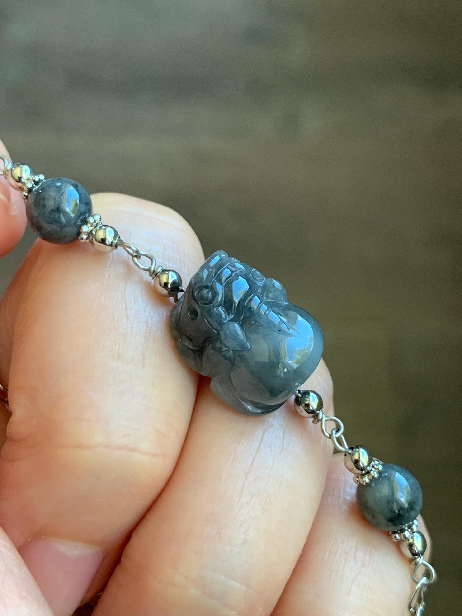 Natural Grade A Translucent Wuji Jadeite Carved Pixiu & Beads Chain Bracelet 14K White Gold Plated adjustable 7.5” 天然乌鸡翡翠貔貅14K包金手链 WPX50