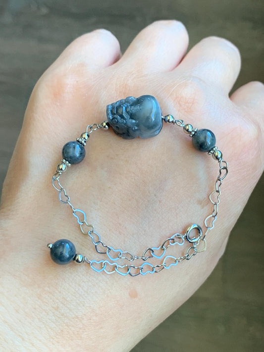 Natural Grade A Translucent Wuji Jadeite Carved Pixiu & Beads Chain Bracelet 14K White Gold Plated adjustable 7.5” 天然乌鸡翡翠貔貅14K包金手链 WPX50