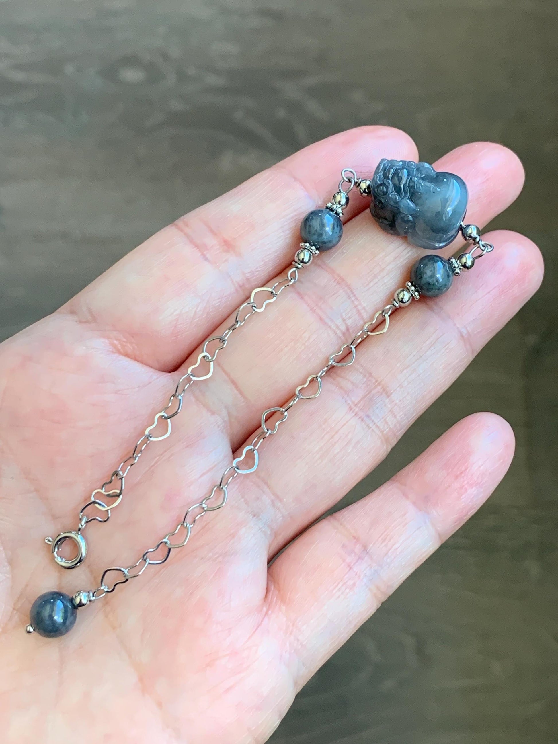 Natural Grade A Translucent Wuji Jadeite Carved Pixiu & Beads Chain Bracelet 14K White Gold Plated adjustable 7.5” 天然乌鸡翡翠貔貅14K包金手链 WPX50