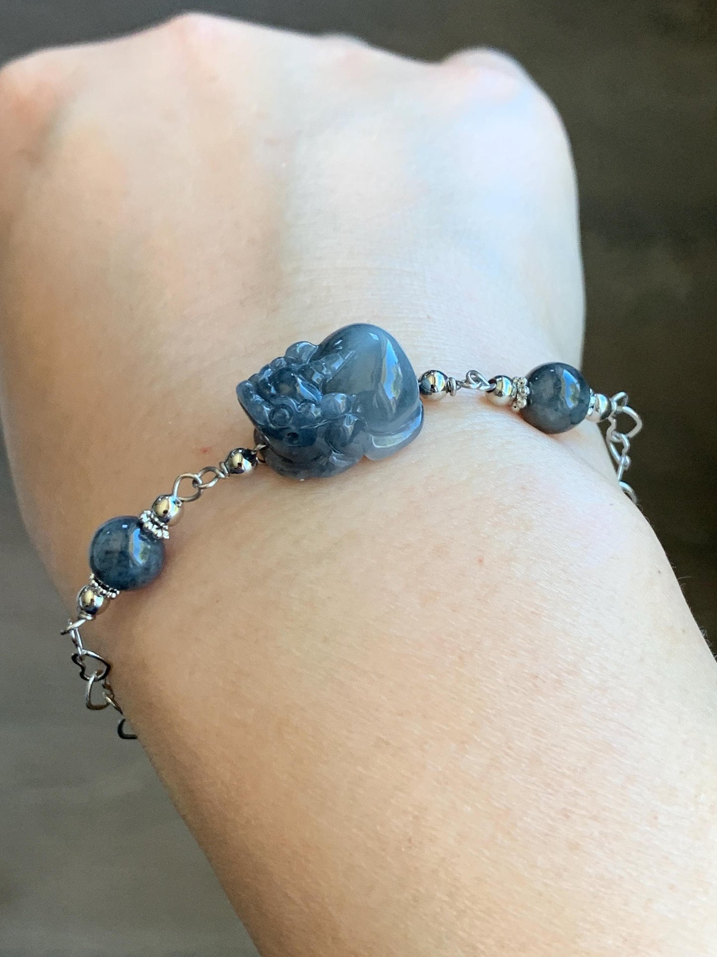 Natural Grade A Translucent Wuji Jadeite Carved Pixiu & Beads Chain Bracelet 14K White Gold Plated adjustable 7.5” 天然乌鸡翡翠貔貅14K包金手链 WPX50