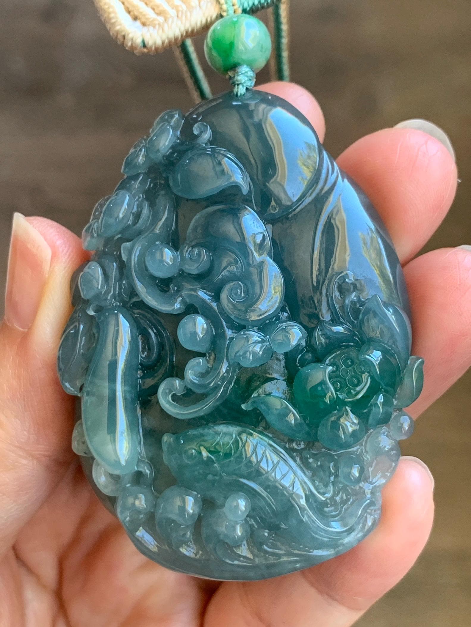 Certified Natural Guatemalan Icy Translucent Teal Blue Green Marbled Jadeite Koi Fish Lotus Flower Pendant Rope Necklace 26” 天然冰危蓝飘绿翡翠莲花鱼吊坠