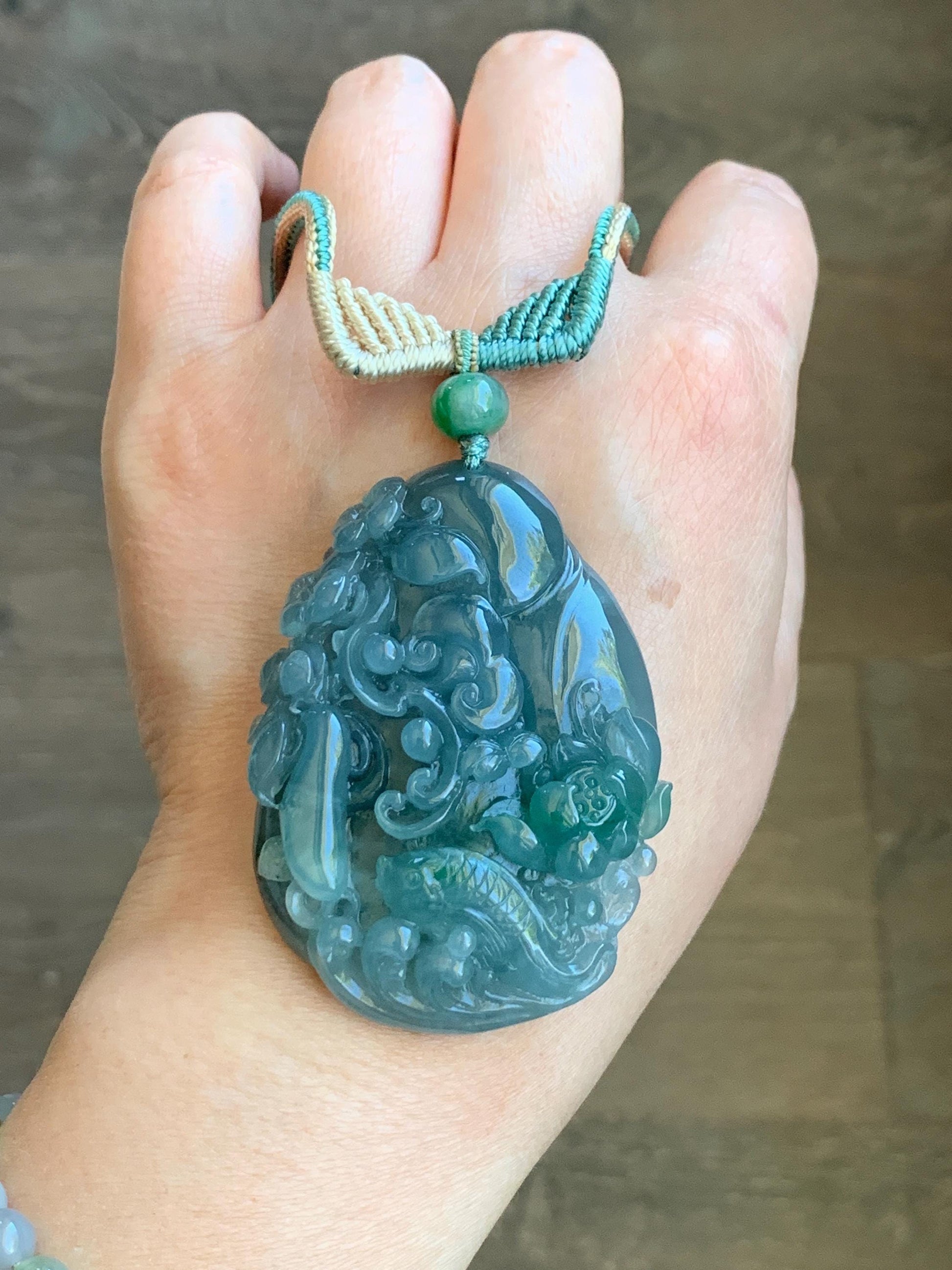 Certified Natural Guatemalan Icy Translucent Teal Blue Green Marbled Jadeite Koi Fish Lotus Flower Pendant Rope Necklace 26” 天然冰危蓝飘绿翡翠莲花鱼吊坠