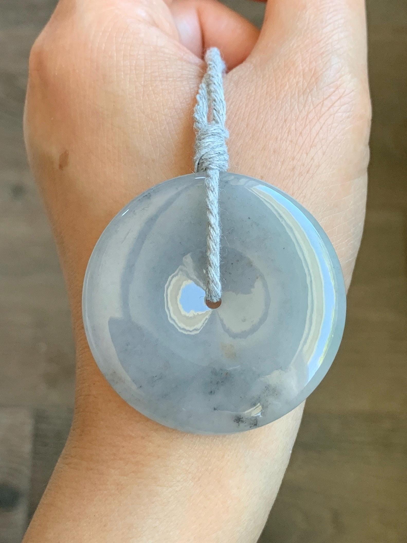 Certified Grade A Natural Icy Translucent Gelatinous Smoky Wuji Marbled Jadeite Ping An Kou Donut Pendant Necklace 天然老种冰胶藕粉乌鸡翡翠平安扣吊坠 1498