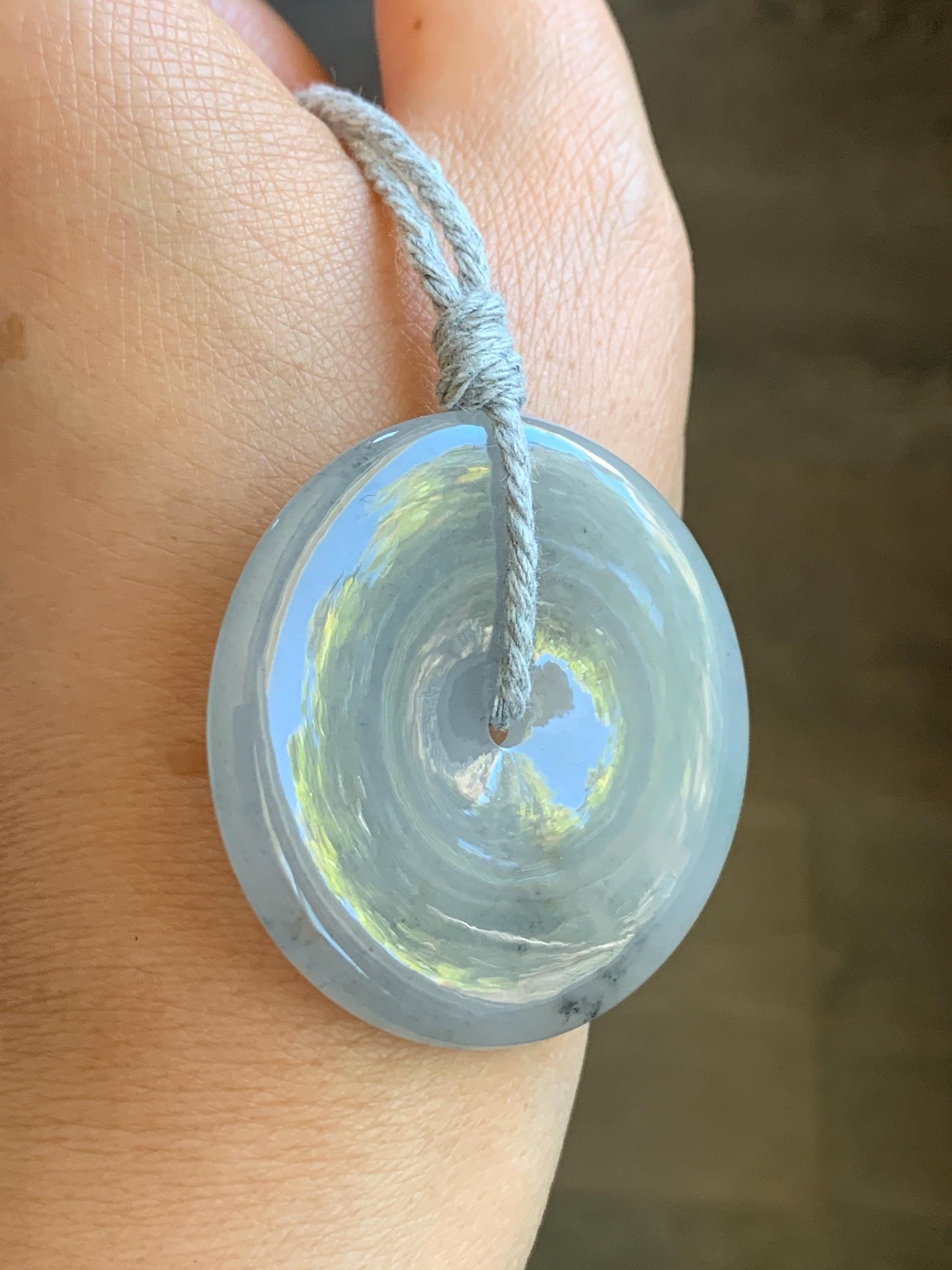Certified Grade A Natural Icy Translucent Gelatinous Smoky Wuji Marbled Jadeite Ping An Kou Donut Pendant Necklace 天然老种冰胶藕粉乌鸡翡翠平安扣吊坠 1498
