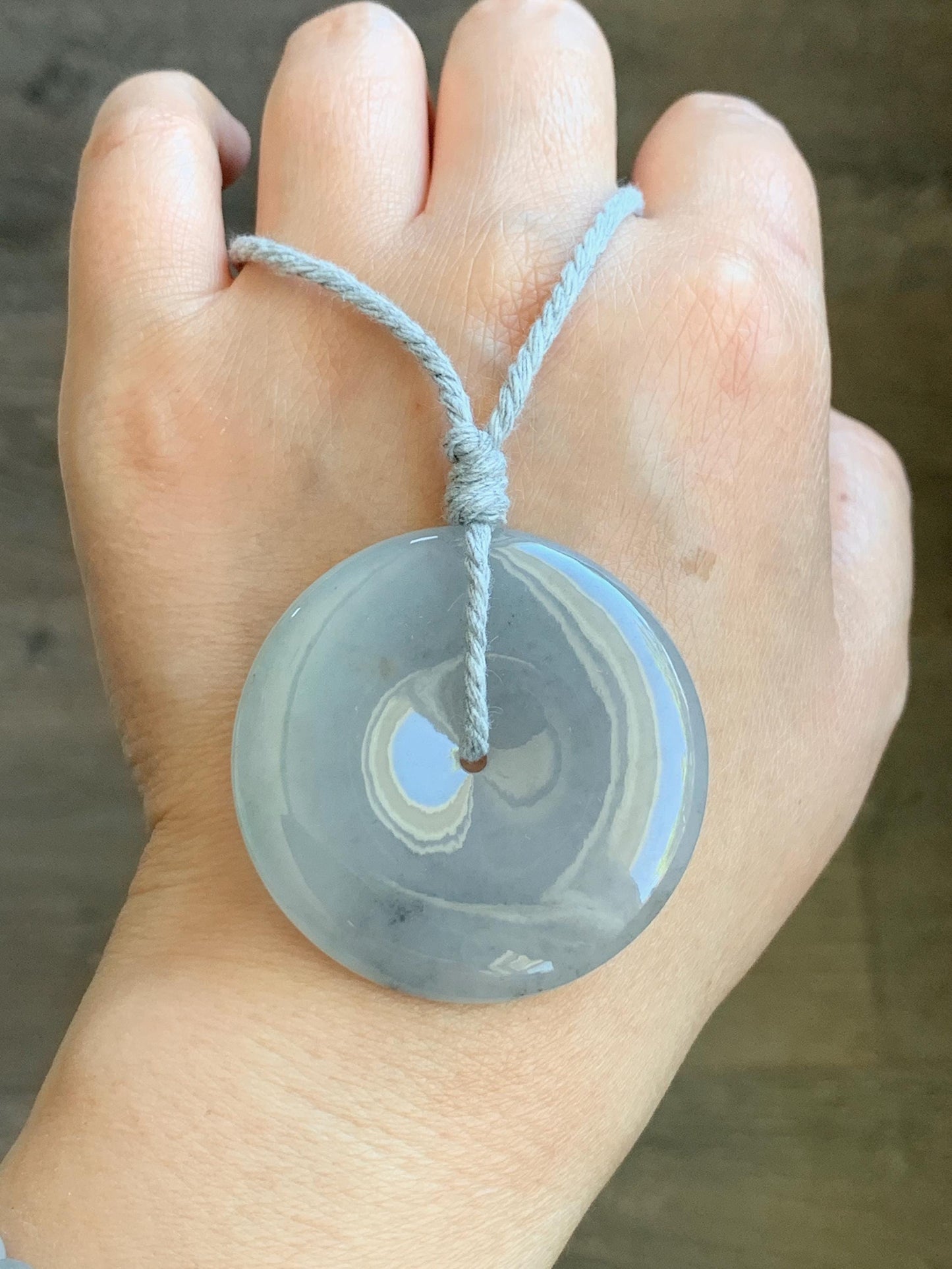 Certified Grade A Natural Icy Translucent Gelatinous Smoky Wuji Marbled Jadeite Ping An Kou Donut Pendant Necklace 天然老种冰胶藕粉乌鸡翡翠平安扣吊坠 1498