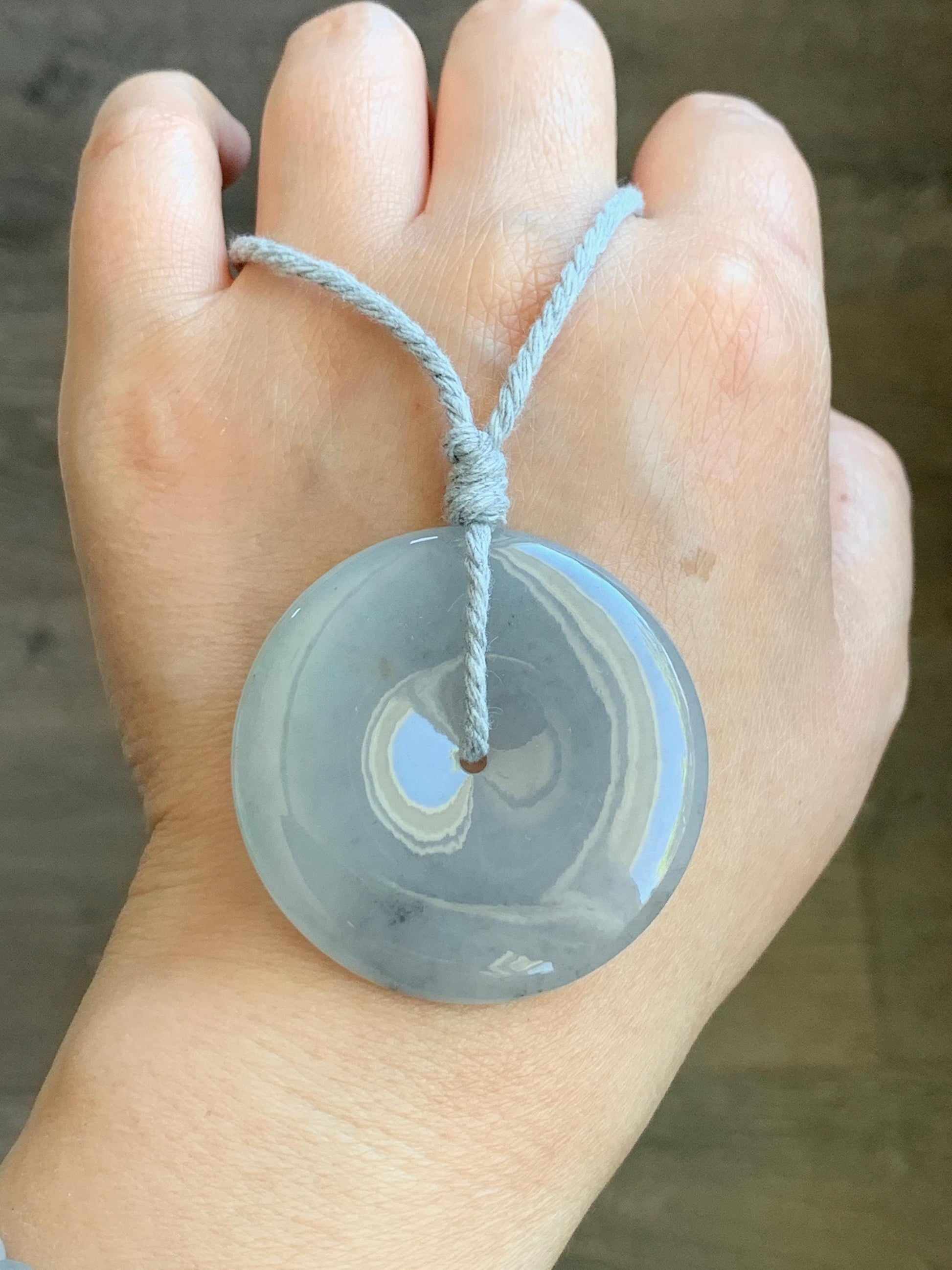 Certified Grade A Natural Icy Translucent Gelatinous Smoky Wuji Marbled Jadeite Ping An Kou Donut Pendant Necklace 天然老种冰胶藕粉乌鸡翡翠平安扣吊坠 1498
