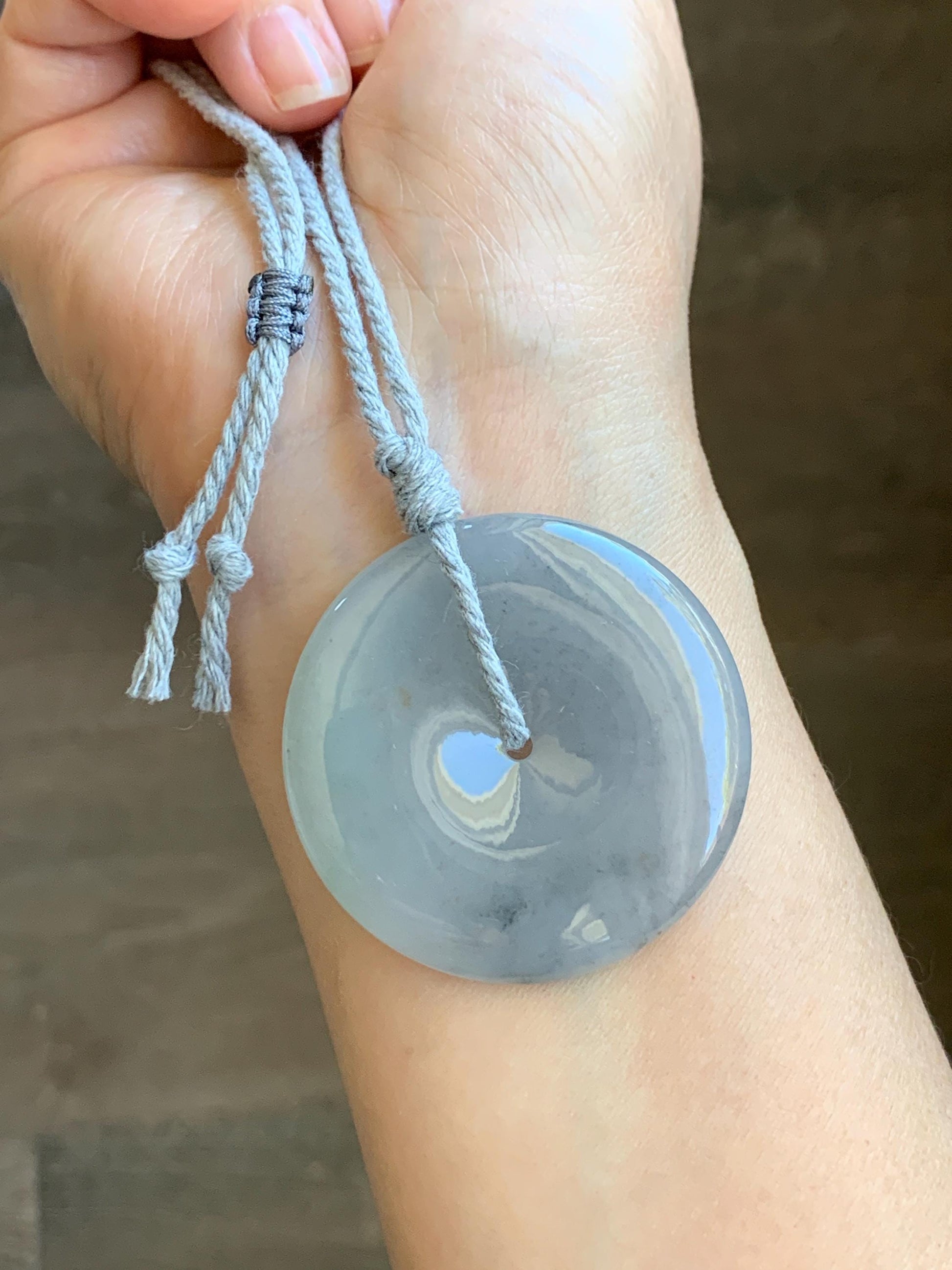 Certified Grade A Natural Icy Translucent Gelatinous Smoky Wuji Marbled Jadeite Ping An Kou Donut Pendant Necklace 天然老种冰胶藕粉乌鸡翡翠平安扣吊坠 1498