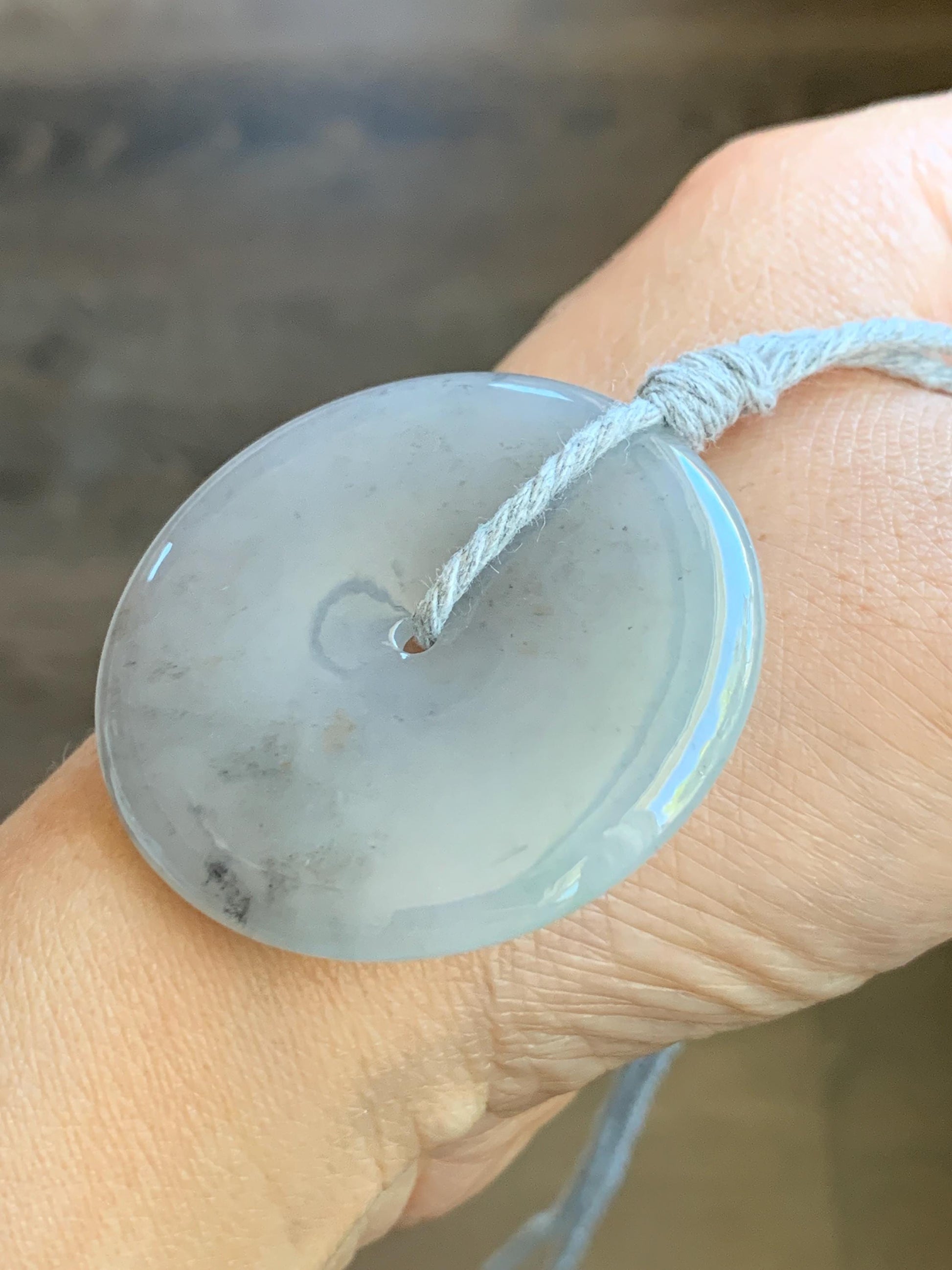 Certified Grade A Natural Icy Translucent Gelatinous Smoky Wuji Marbled Jadeite Ping An Kou Donut Pendant Necklace 天然老种冰胶藕粉乌鸡翡翠平安扣吊坠 1498