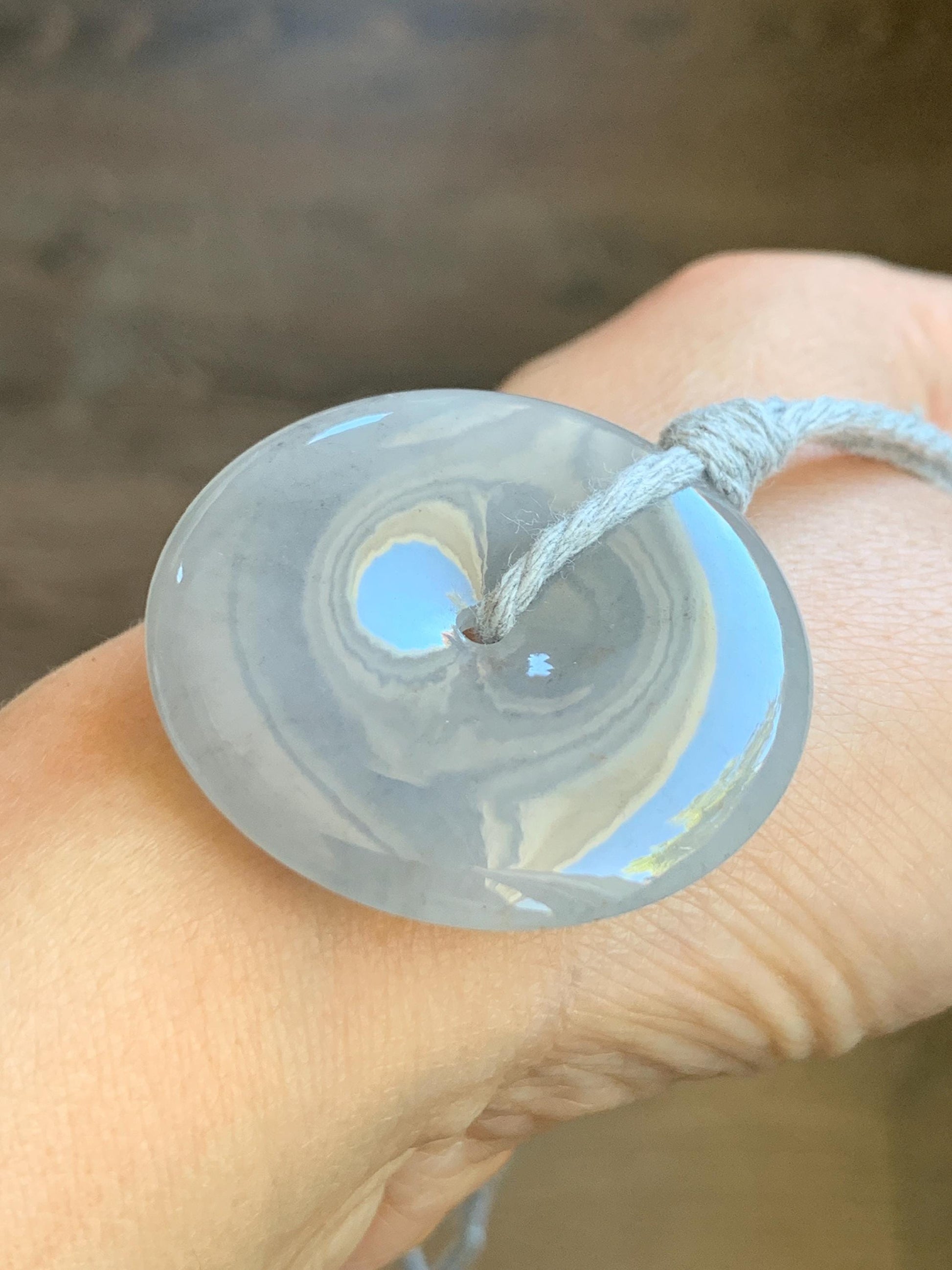 Certified Grade A Natural Icy Translucent Gelatinous Smoky Wuji Marbled Jadeite Ping An Kou Donut Pendant Necklace 天然老种冰胶藕粉乌鸡翡翠平安扣吊坠 1497