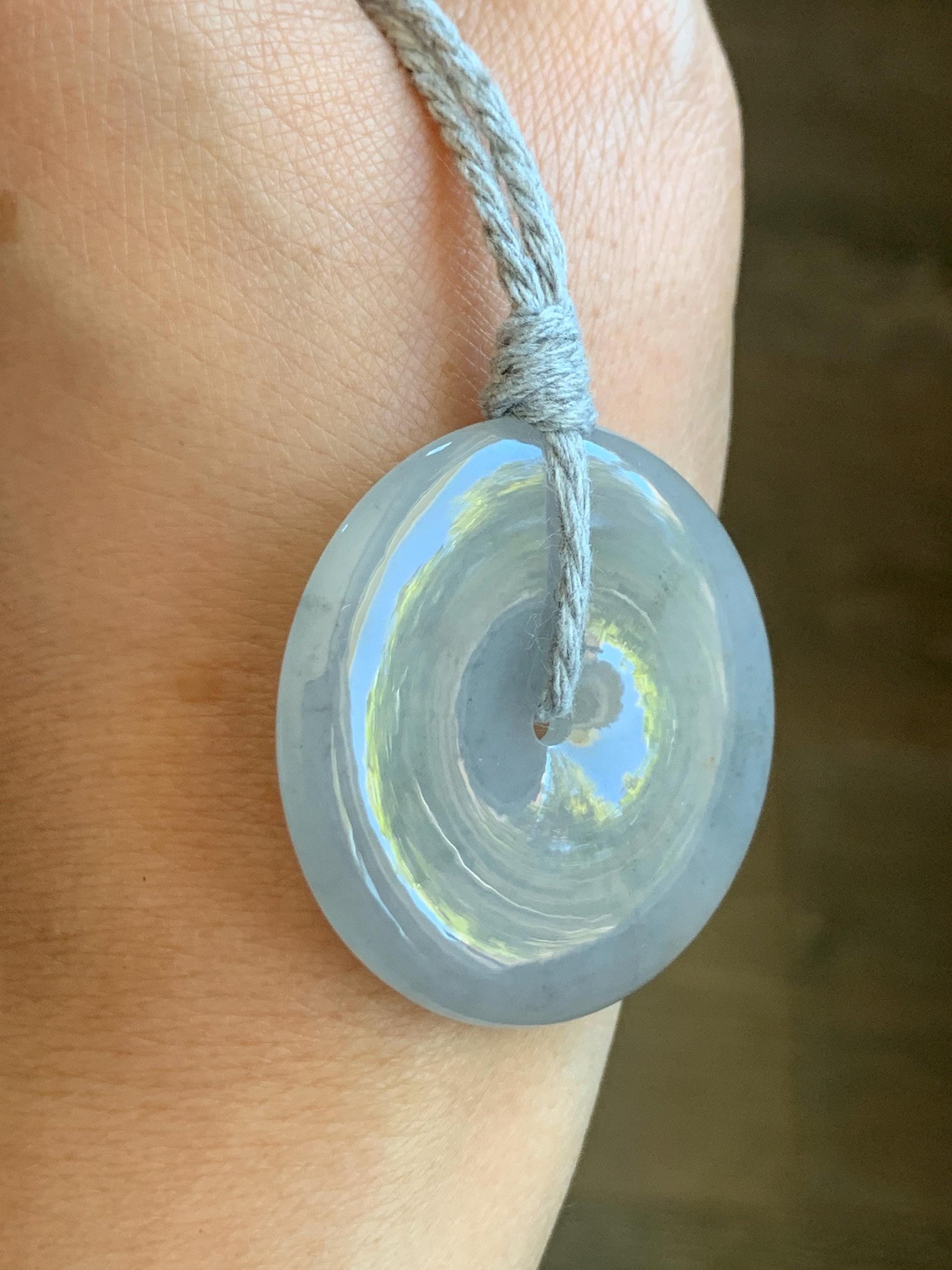 Certified Grade A Natural Icy Translucent Gelatinous Smoky Wuji Marbled Jadeite Ping An Kou Donut Pendant Necklace 天然老种冰胶藕粉乌鸡翡翠平安扣吊坠 1497