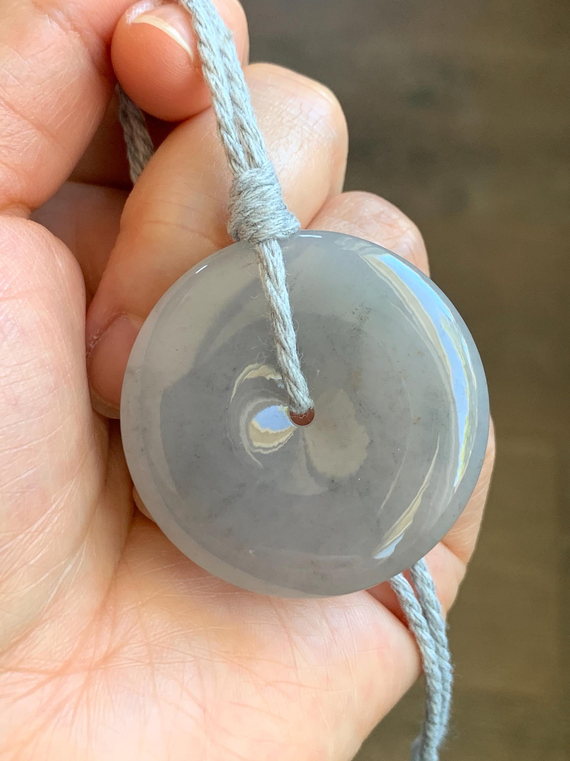 Certified Grade A Natural Icy Translucent Gelatinous Smoky Wuji Marbled Jadeite Ping An Kou Donut Pendant Necklace 天然老种冰胶藕粉乌鸡翡翠平安扣吊坠 1497
