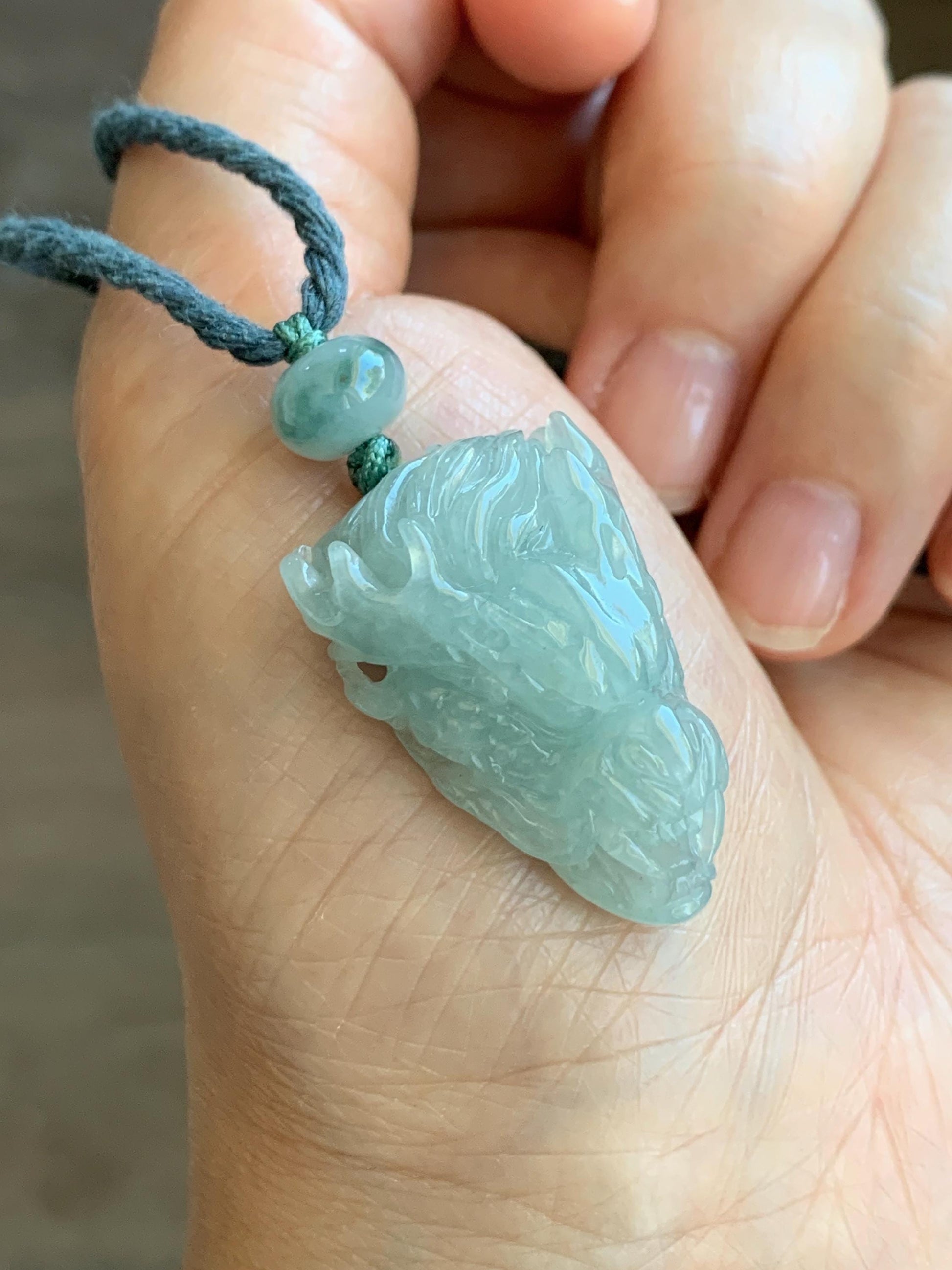 Certified Natural Grade A Icy Translucent Gelatinous Pastel Blue Jadeite Carved Dragon Pendant Rope Necklace 26" 11g 天然冰淡蓝翡翠龙头吊坠 1696