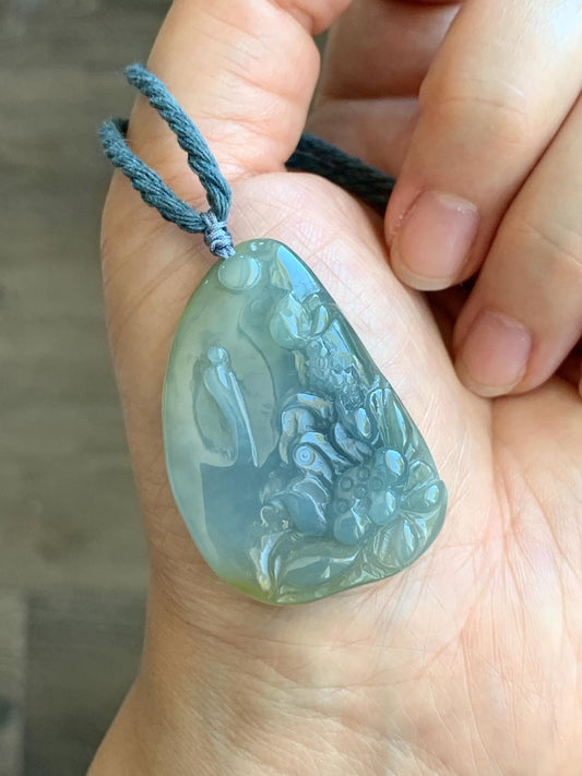 Natural Guatemalan Icy Translucent Pastel Blue Yellow Marbled Jadeite Lotus Flower Meditating Monk Pendant Rope Necklace 26” 天然冰危蓝加黄翡翠莲花悟道吊坠