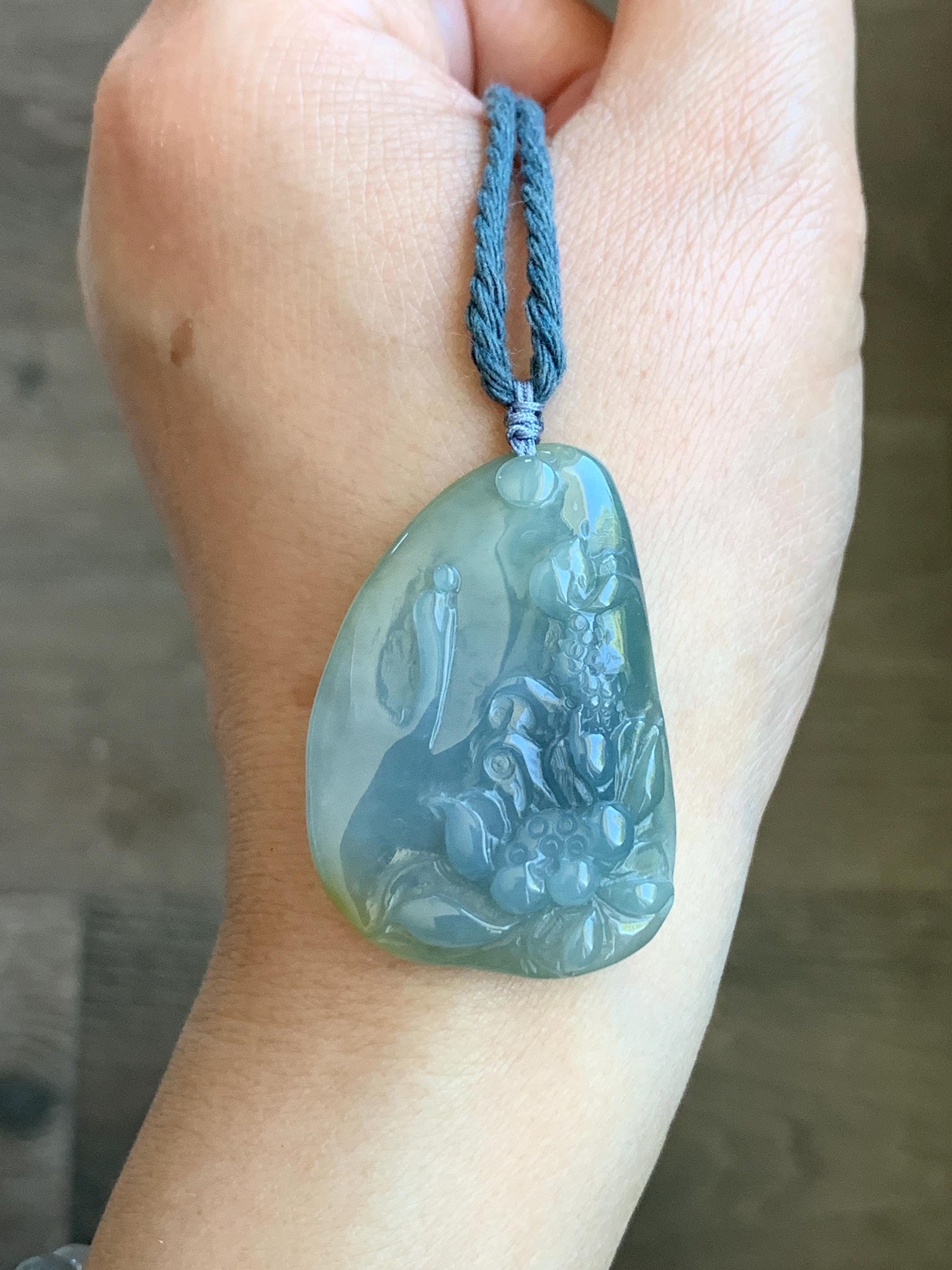 Natural Guatemalan Icy Translucent Pastel Blue Yellow Marbled Jadeite Lotus Flower Meditating Monk Pendant Rope Necklace 26” 天然冰危蓝加黄翡翠莲花悟道吊坠