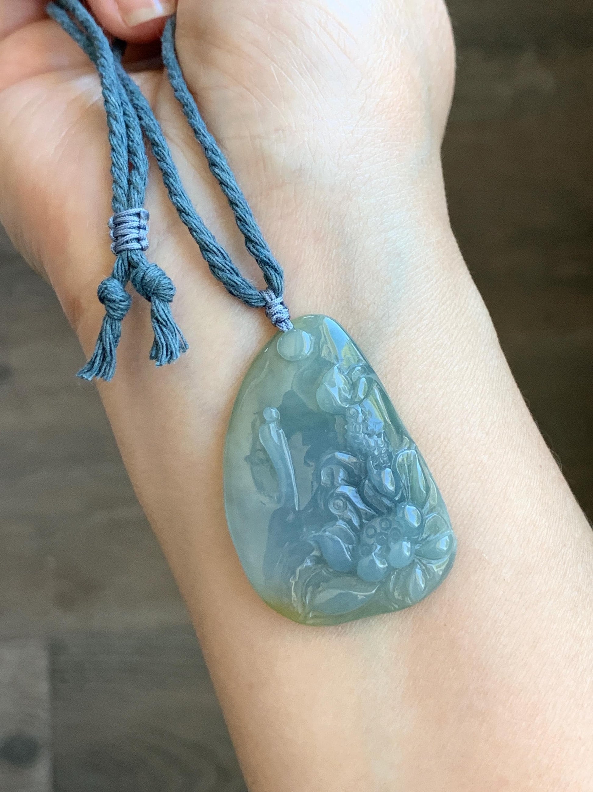 Natural Guatemalan Icy Translucent Pastel Blue Yellow Marbled Jadeite Lotus Flower Meditating Monk Pendant Rope Necklace 26” 天然冰危蓝加黄翡翠莲花悟道吊坠