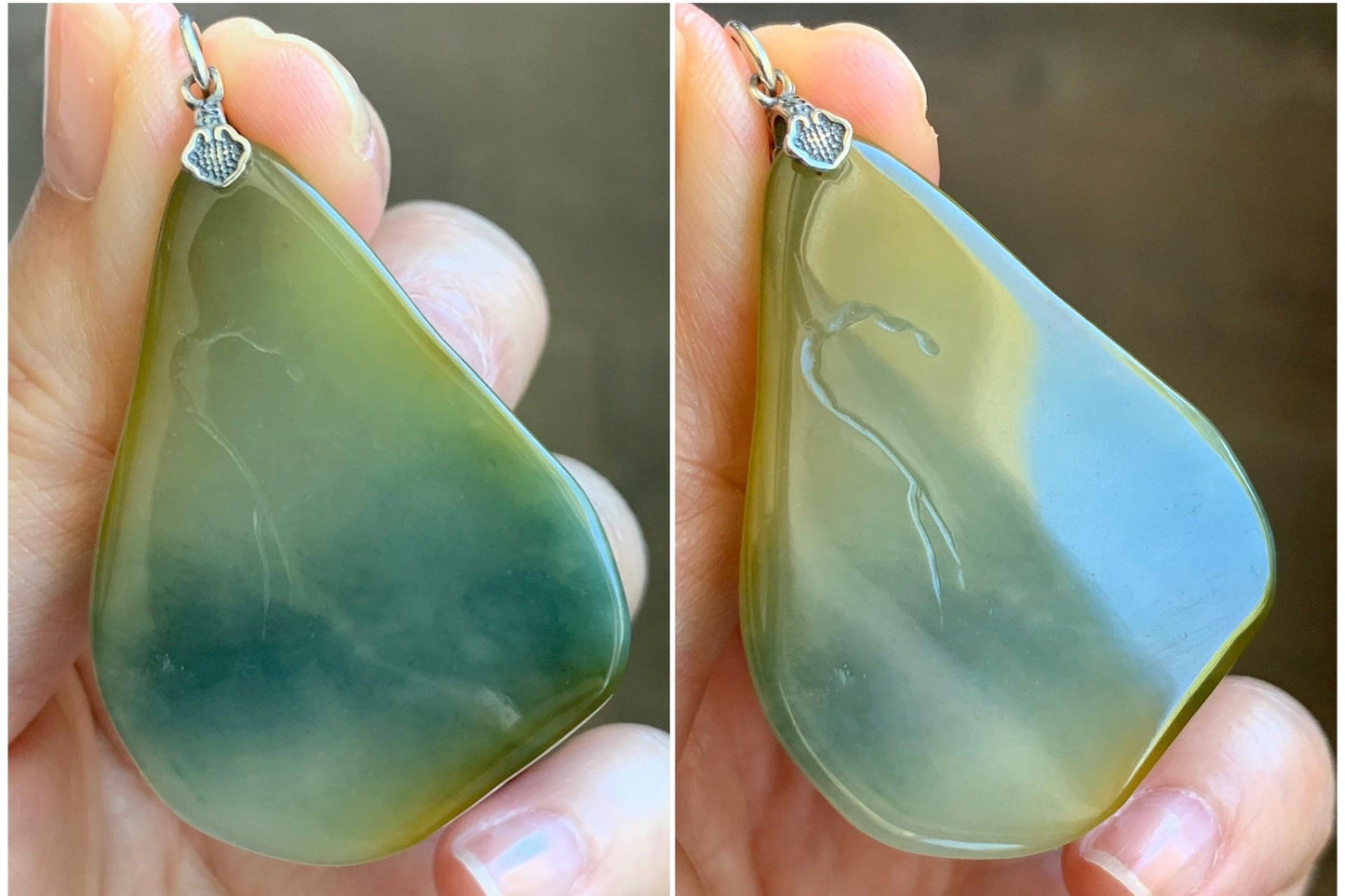 Natural Guatemalan Icy Translucent Dusty Blue Yellow Marbled Jadeite Lotus Flower Meditating Monk Pendant Sterling Silver 天然冰危蓝加黄翡翠莲花悟道吊坠