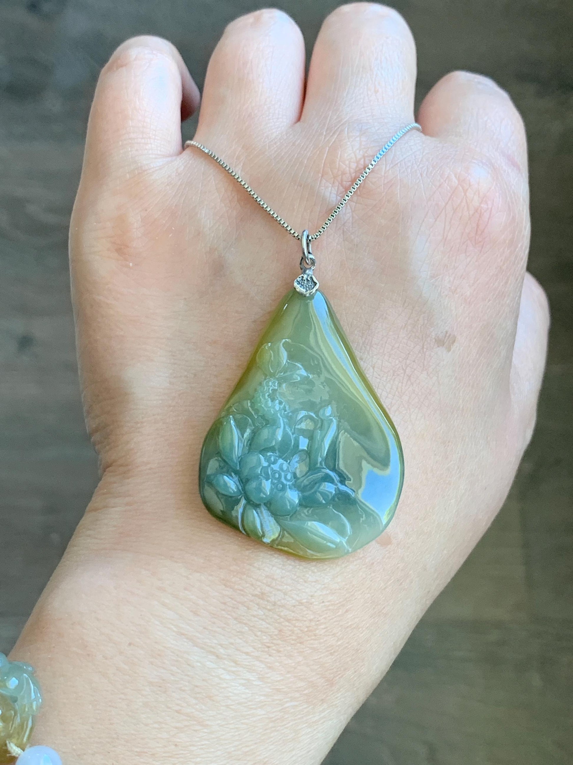 Natural Guatemalan Icy Translucent Dusty Blue Yellow Marbled Jadeite Lotus Flower Meditating Monk Pendant Sterling Silver 天然冰危蓝加黄翡翠莲花悟道吊坠