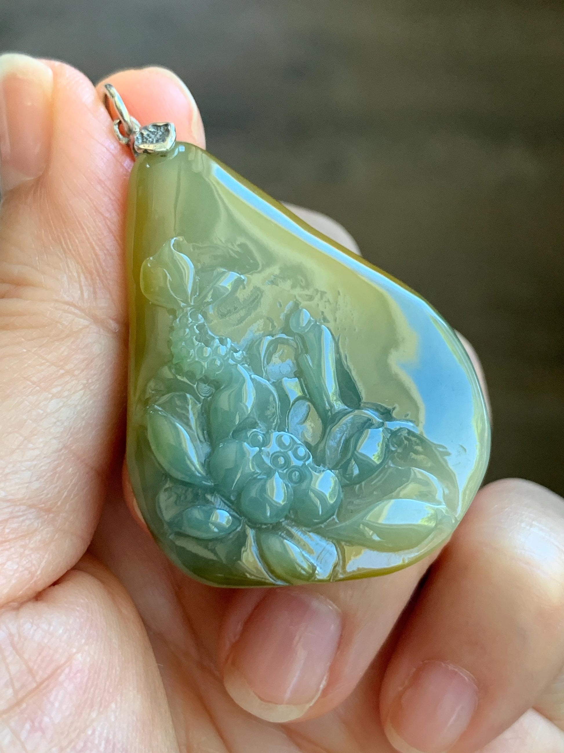 Natural Guatemalan Icy Translucent Dusty Blue Yellow Marbled Jadeite Lotus Flower Meditating Monk Pendant Sterling Silver 天然冰危蓝加黄翡翠莲花悟道吊坠