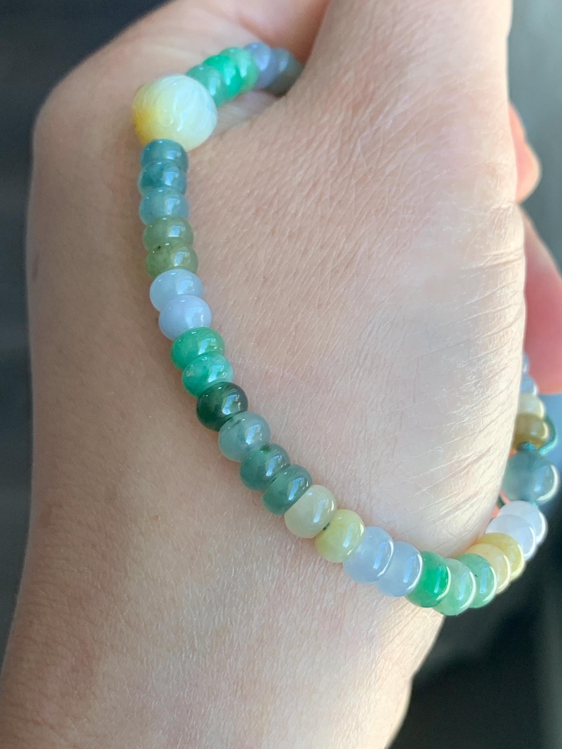 Natural Grade A Icy Translucent Multicolored Jadeite Flat Beads Carved Bunny Rabbit Charm Beaded Bracelet 7.25" 天然冰多宝翡翠算盘珠黄翡面包兔手串 DBSP297