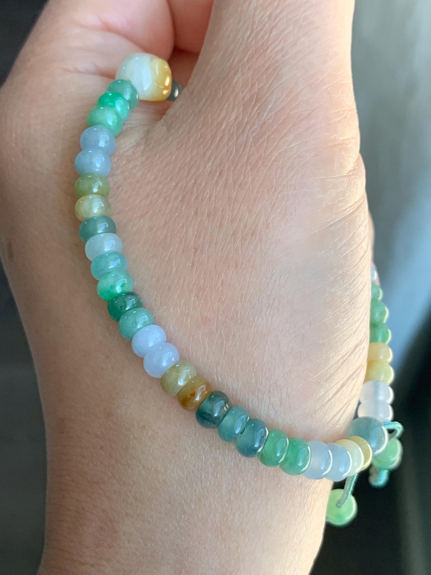 Natural Grade A Icy Translucent Multicolored Jadeite Flat Beads Carved Bunny Rabbit Charm Beaded Bracelet 7.25" 天然冰多宝翡翠算盘珠黄翡面包兔手串 DBSP297