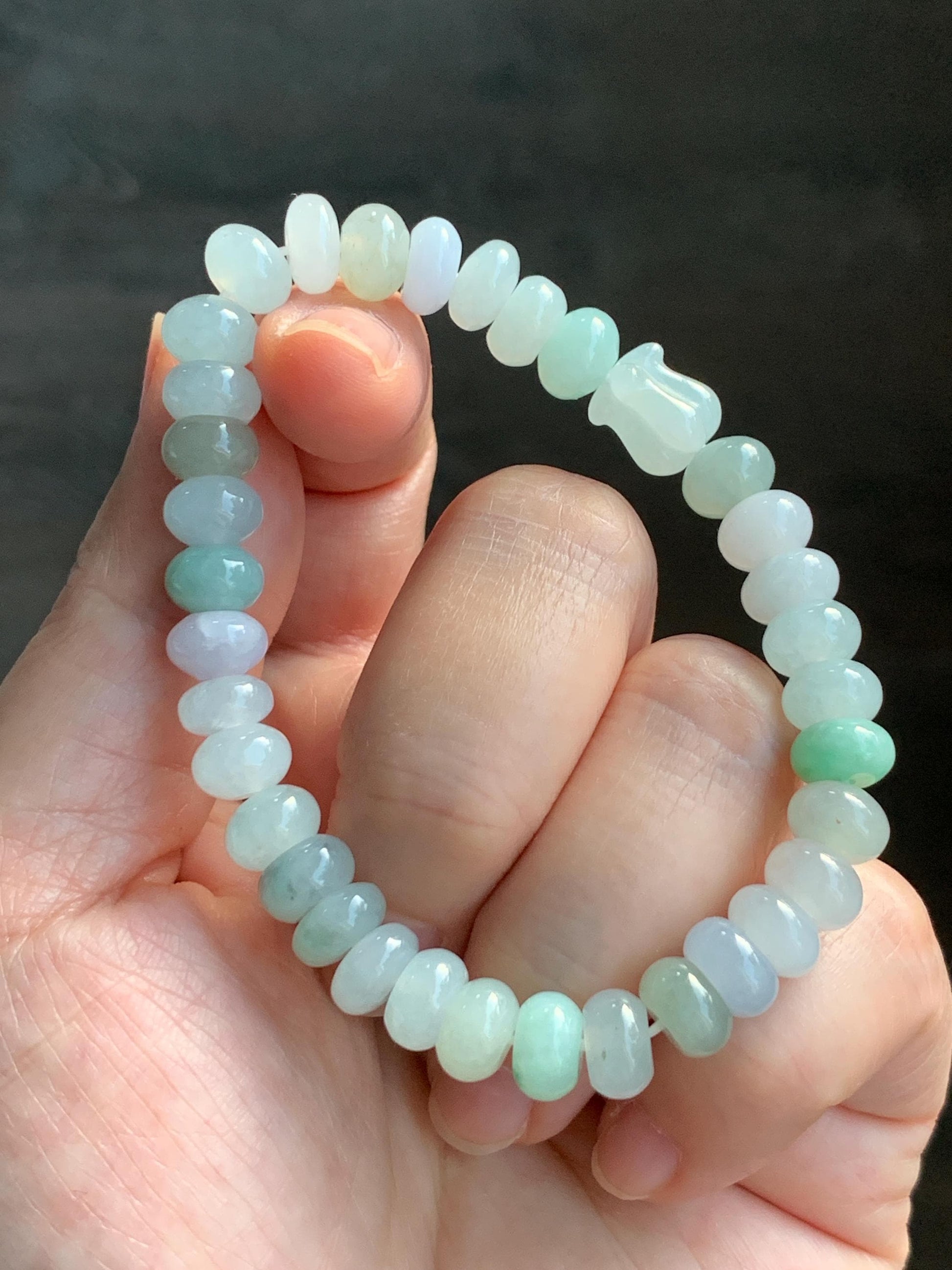 Natural Grade A Icy Translucent Multicolored Jadeite Flat Beads Carved Tulip Flower Charm Beaded Bracelet 7.25" 23g 天然冰多宝翡翠算盘珠郁金香珠手串 DBH-W
