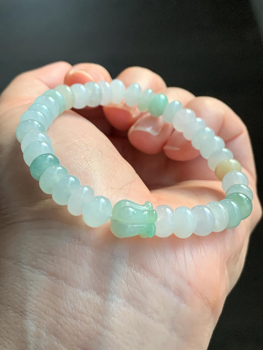 Natural Grade A Icy Translucent Multicolored Jadeite Flat Beads Carved Tulip Flower Charm Beaded Bracelet 6.75" 19g 天然冰多宝翡翠算盘珠郁金香珠手串 DBH-G