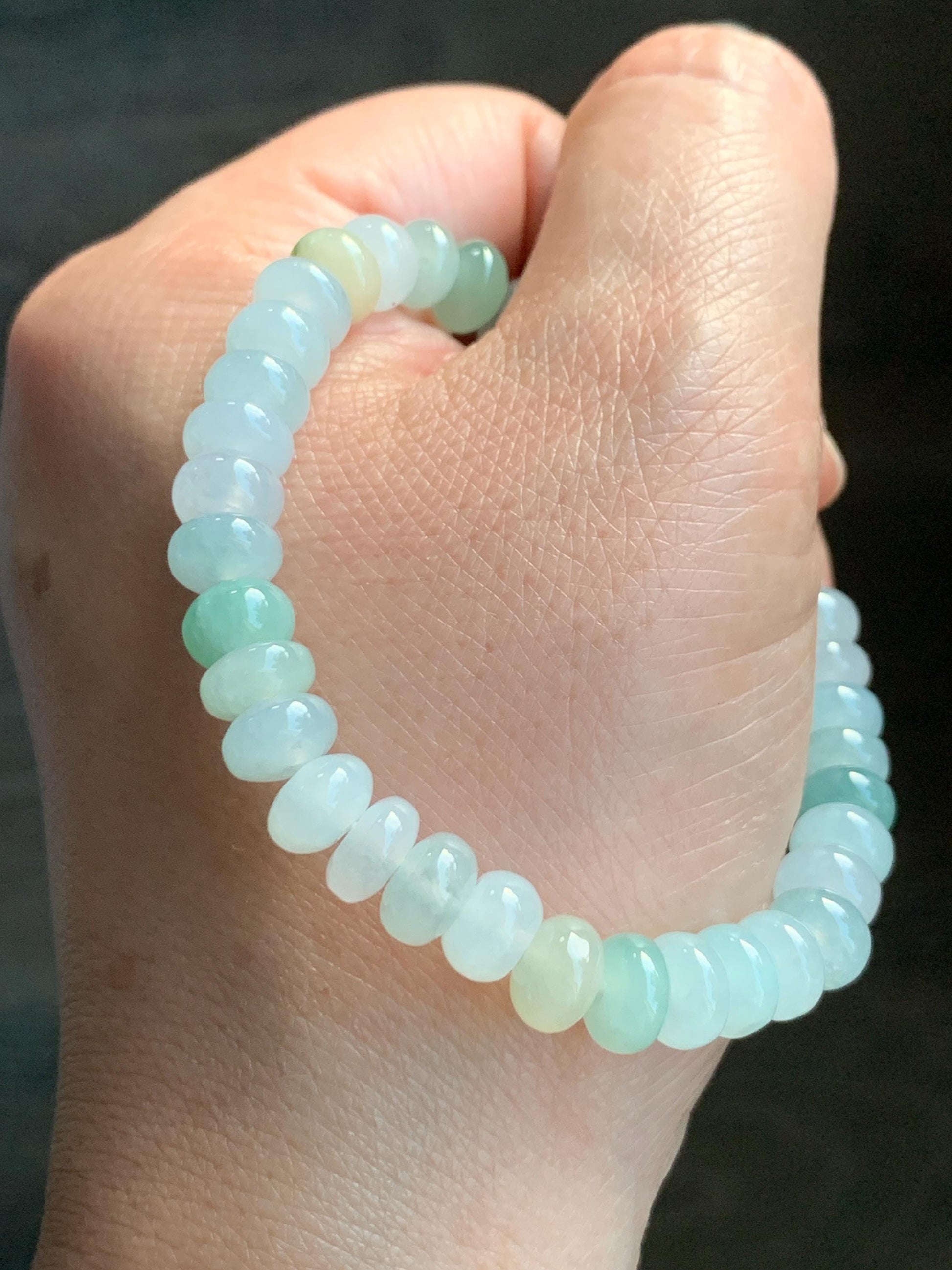 Natural Grade A Icy Translucent Multicolored Jadeite Flat Beads Carved Tulip Flower Charm Beaded Bracelet 6.75" 19g 天然冰多宝翡翠算盘珠郁金香珠手串 DBH-G