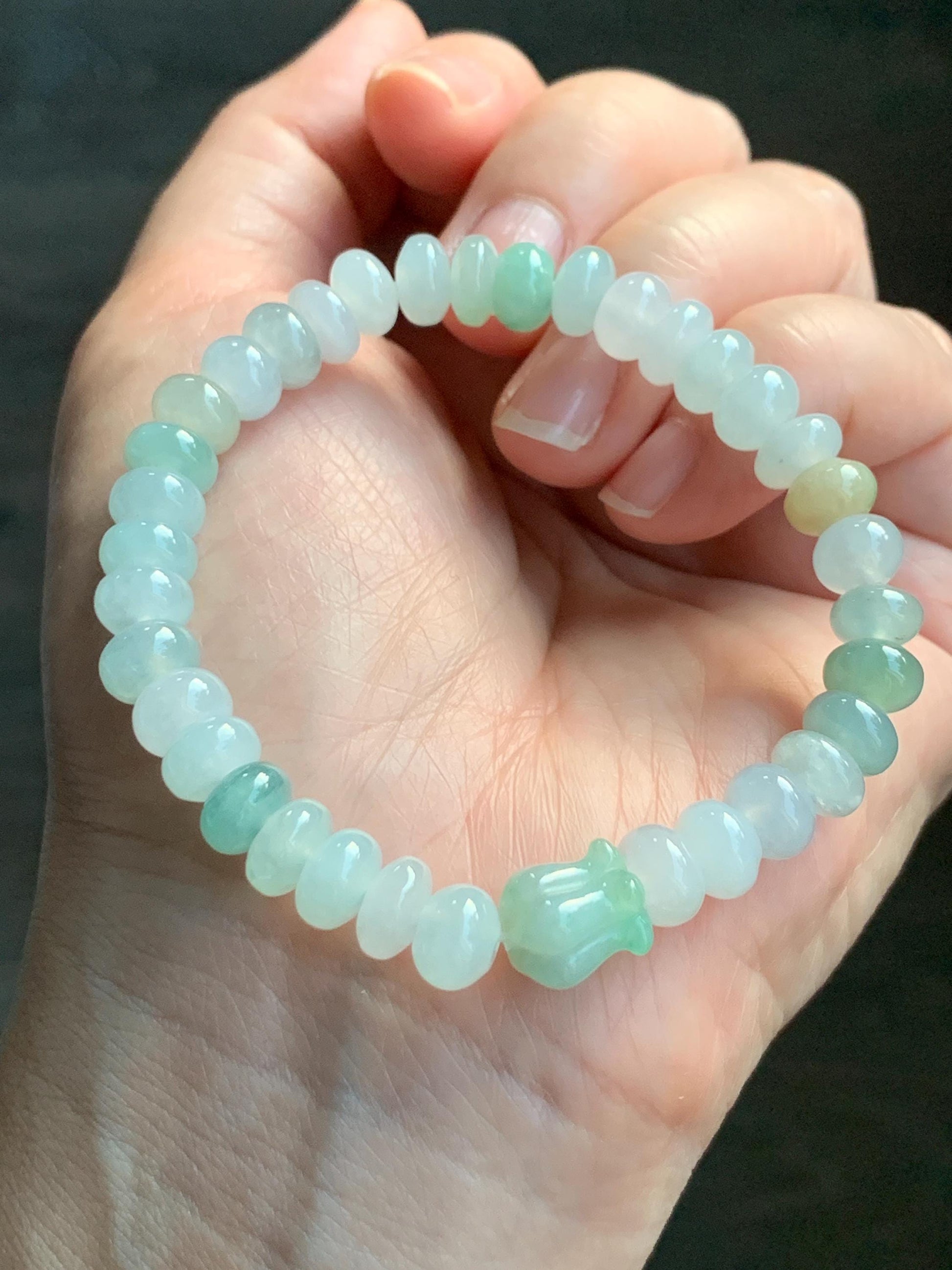 Natural Grade A Icy Translucent Multicolored Jadeite Flat Beads Carved Tulip Flower Charm Beaded Bracelet 6.75" 19g 天然冰多宝翡翠算盘珠郁金香珠手串 DBH-G
