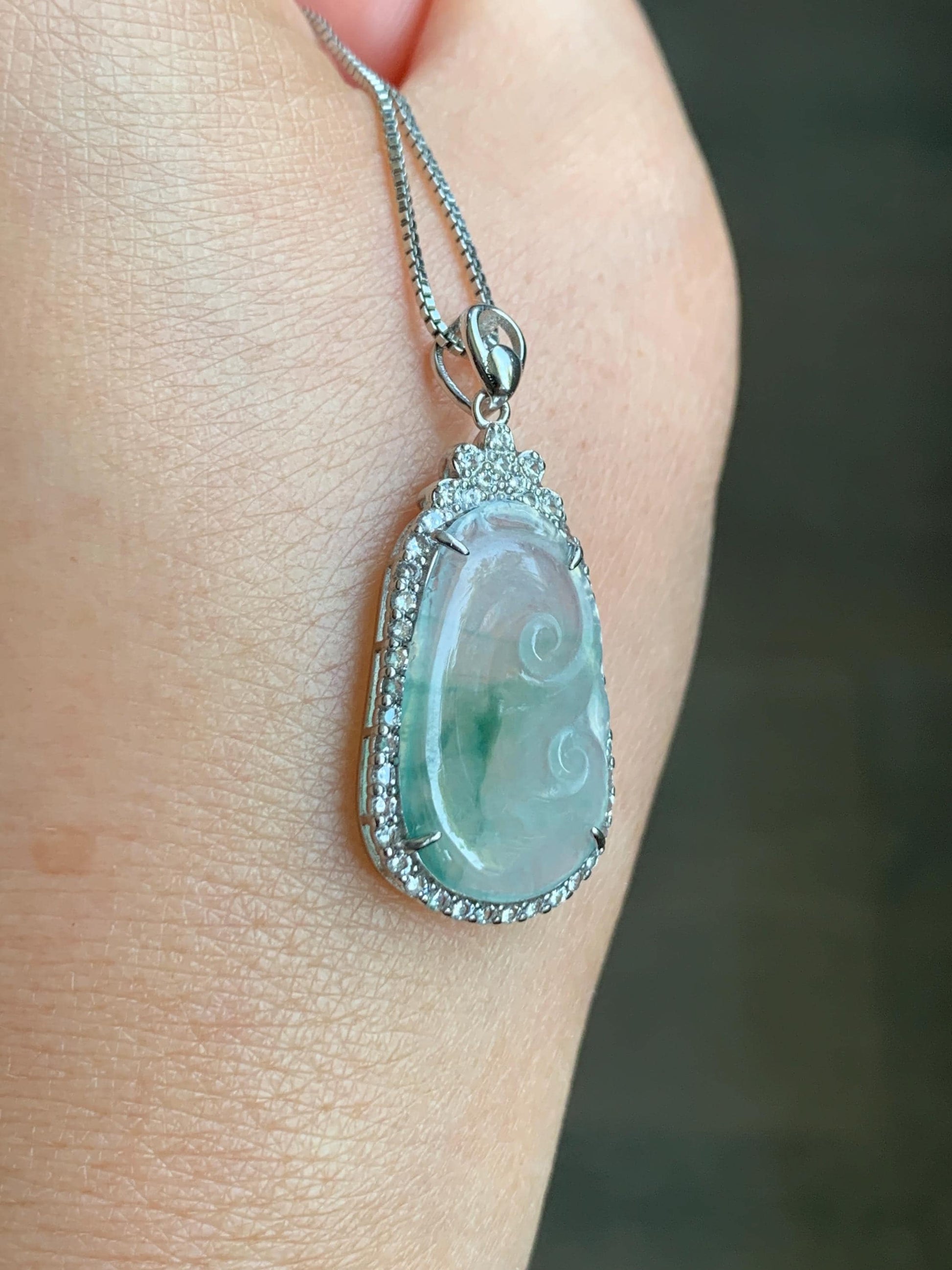 Small Natural Grade A Icy Highly Translucent Gelatinous Green Marbled Jadeite Ruyi Pendant S925 Sterling Silver 天然冰胶飘绿花翡翠如意银镶吊坠 YXR88-B