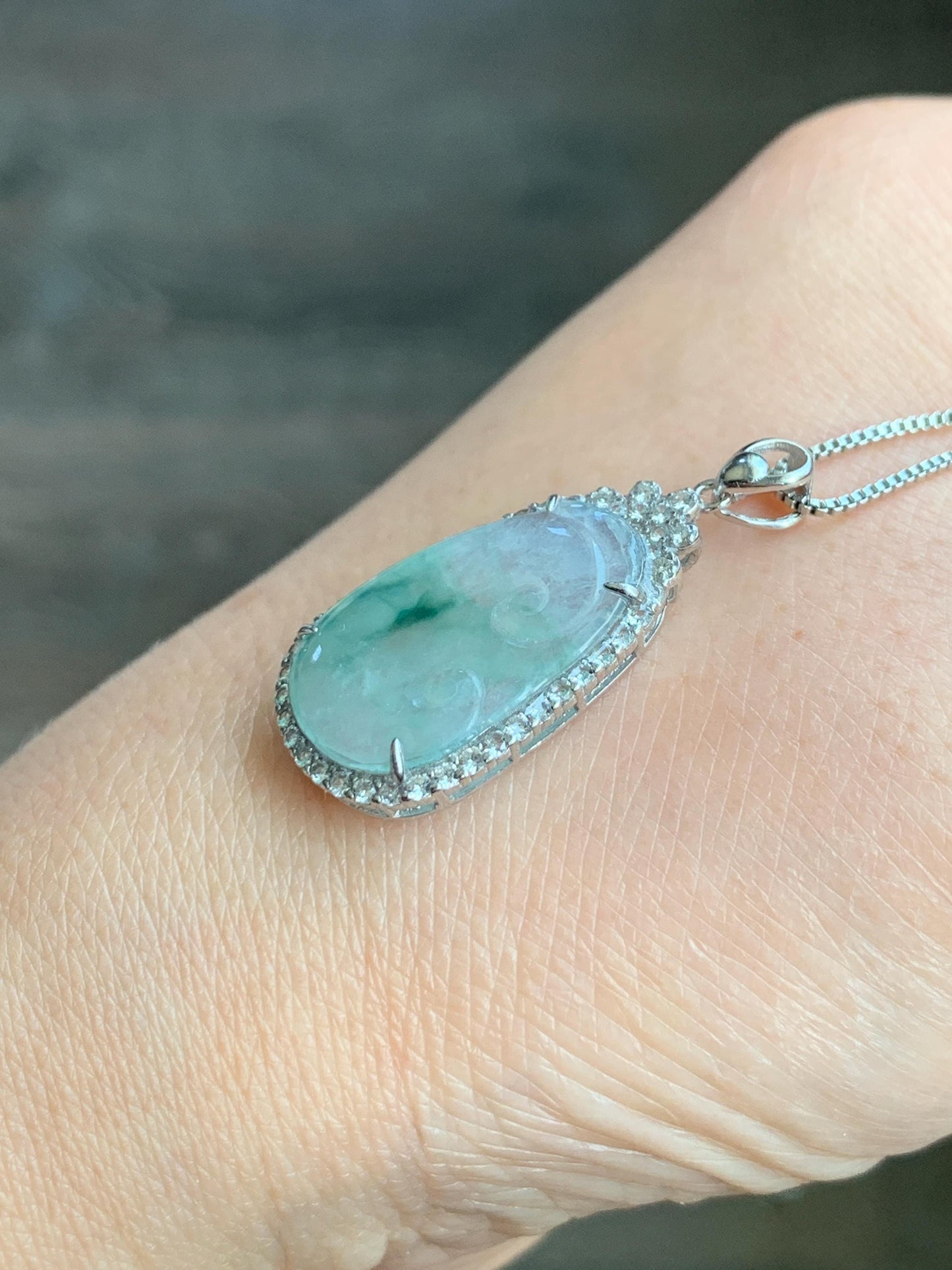 Small Natural Grade A Icy Highly Translucent Gelatinous Green Marbled Jadeite Ruyi Pendant S925 Sterling Silver 天然冰胶飘绿花翡翠如意银镶吊坠 YXR88-B