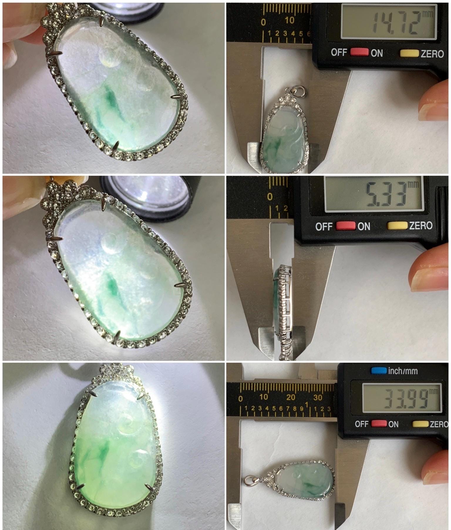 Small Natural Grade A Icy Highly Translucent Gelatinous Green Marbled Jadeite Ruyi Pendant S925 Sterling Silver 天然冰胶飘绿花翡翠如意银镶吊坠 YXR88-B