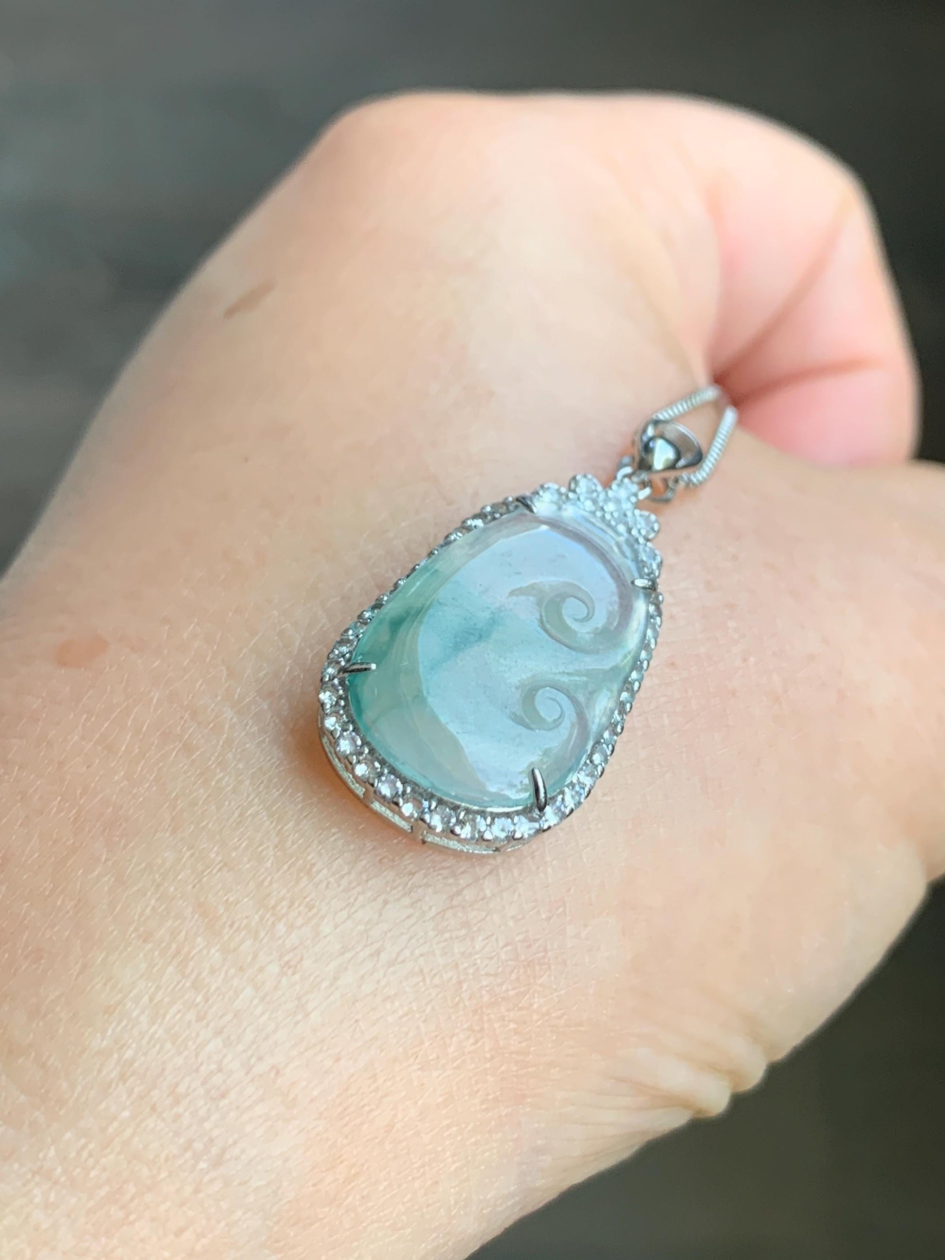 Small Natural Grade A Icy Highly Translucent Gelatinous Green Marbled Jadeite Ruyi Pendant S925 Sterling Silver 天然冰胶飘绿花翡翠如意银镶吊坠 YXR88-B
