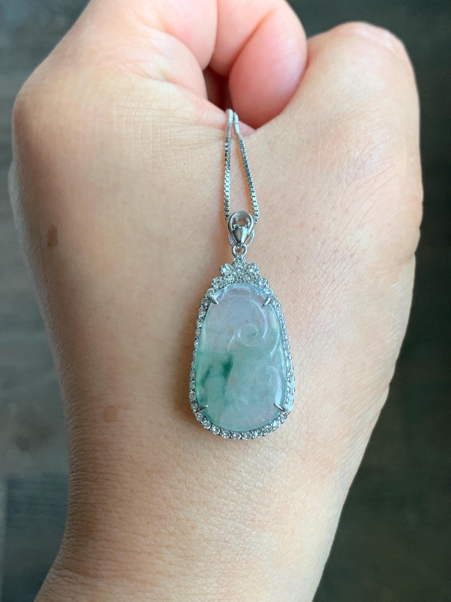 Small Natural Grade A Icy Highly Translucent Gelatinous Green Marbled Jadeite Ruyi Pendant S925 Sterling Silver 天然冰胶飘绿花翡翠如意银镶吊坠 YXR88-B