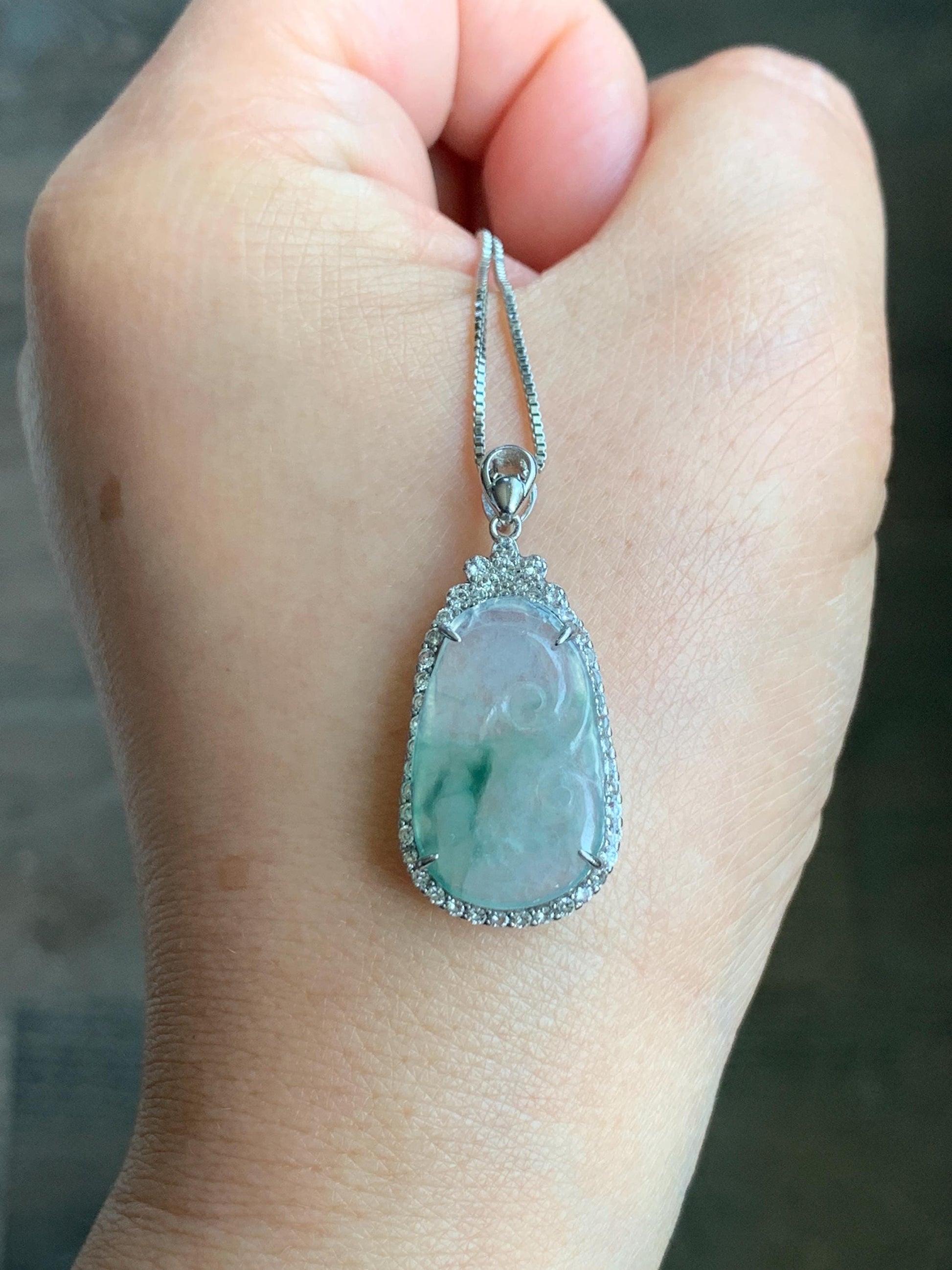 Small Natural Grade A Icy Highly Translucent Gelatinous Green Marbled Jadeite Ruyi Pendant S925 Sterling Silver 天然冰胶飘绿花翡翠如意银镶吊坠 YXR88-B