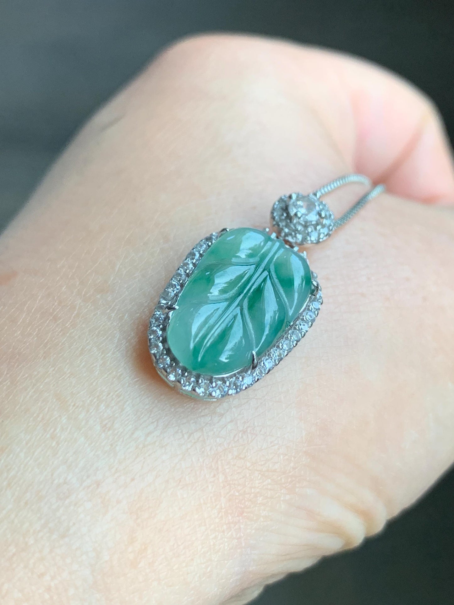 Small Natural Grade A Icy Highly Translucent Gelatinous Green Marbled Jadeite Leaf Pendant S925 Sterling Silver 天然冰胶飘绿花翡翠叶子银镶吊坠 YXR88-C