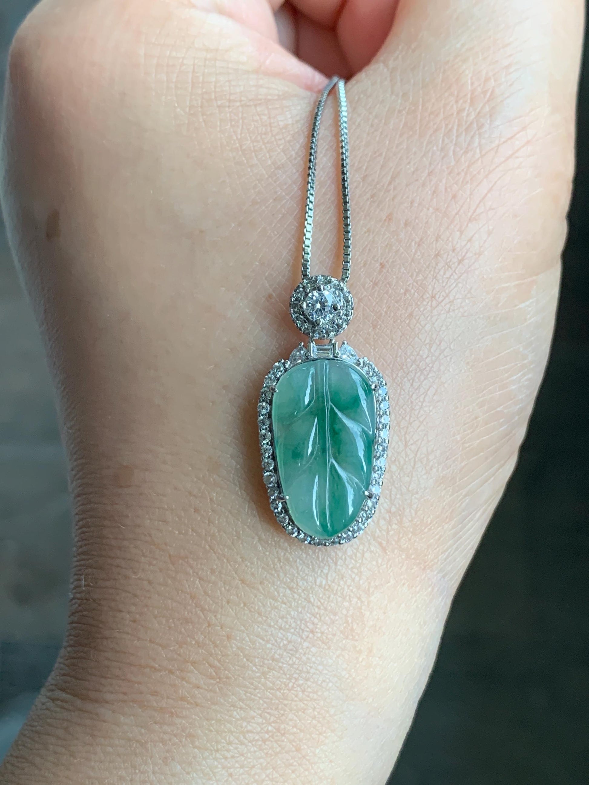 Small Natural Grade A Icy Highly Translucent Gelatinous Green Marbled Jadeite Leaf Pendant S925 Sterling Silver 天然冰胶飘绿花翡翠叶子银镶吊坠 YXR88-C