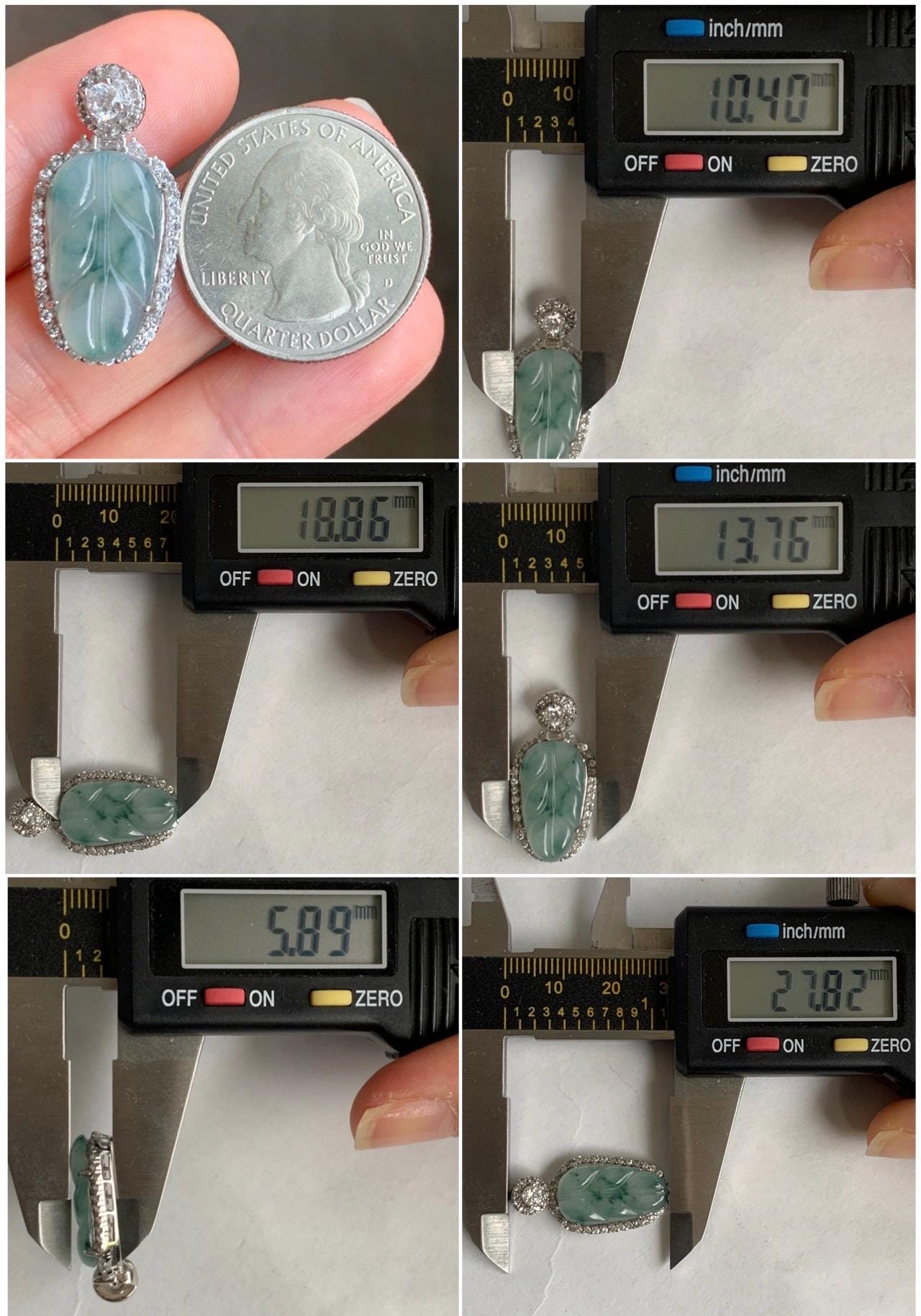 Small Natural Grade A Icy Highly Translucent Gelatinous Green Marbled Jadeite Leaf Pendant S925 Sterling Silver 天然冰胶飘绿花翡翠叶子银镶吊坠 YXR88-D