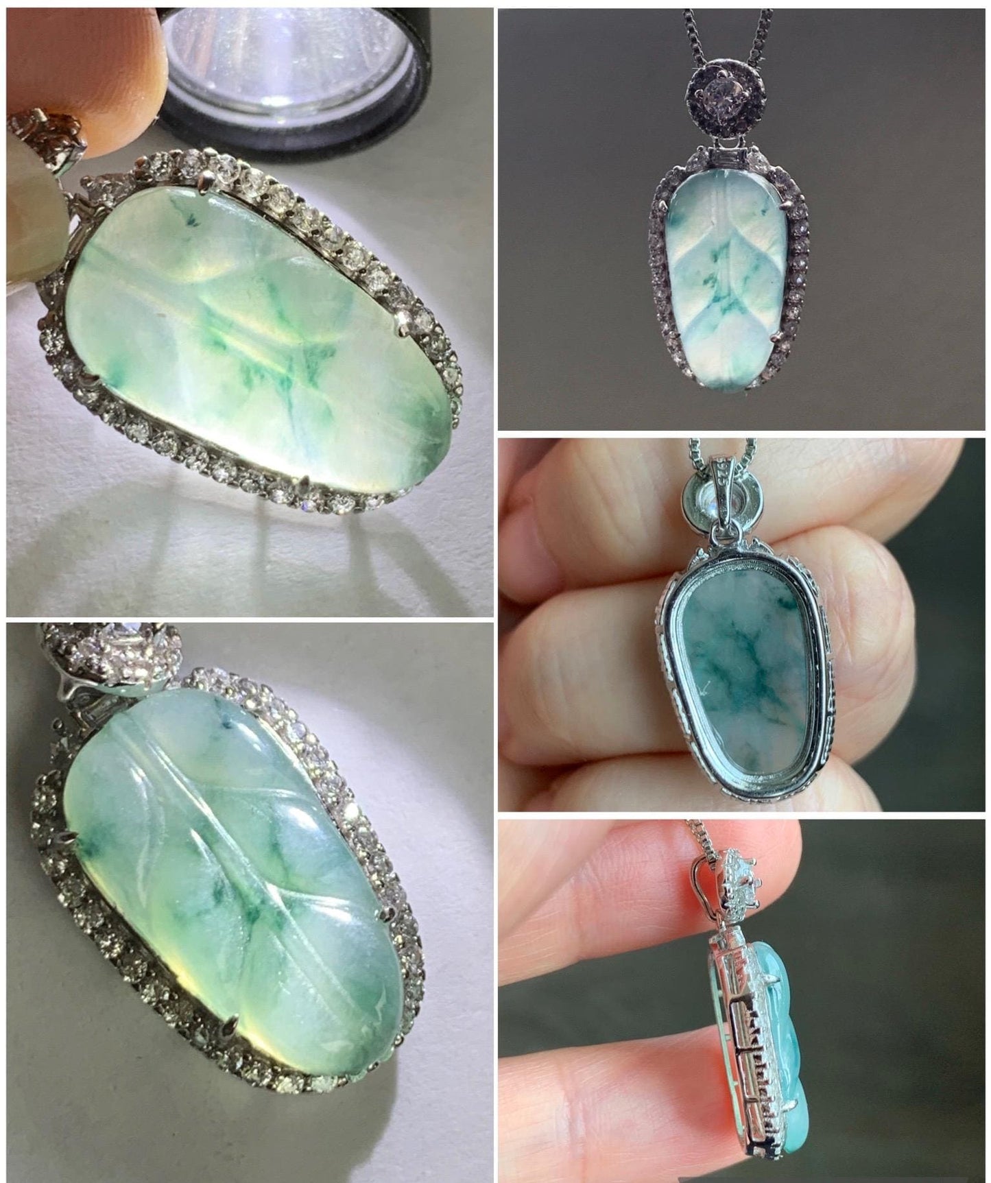 Small Natural Grade A Icy Highly Translucent Gelatinous Green Marbled Jadeite Leaf Pendant S925 Sterling Silver 天然冰胶飘绿花翡翠叶子银镶吊坠 YXR88-D