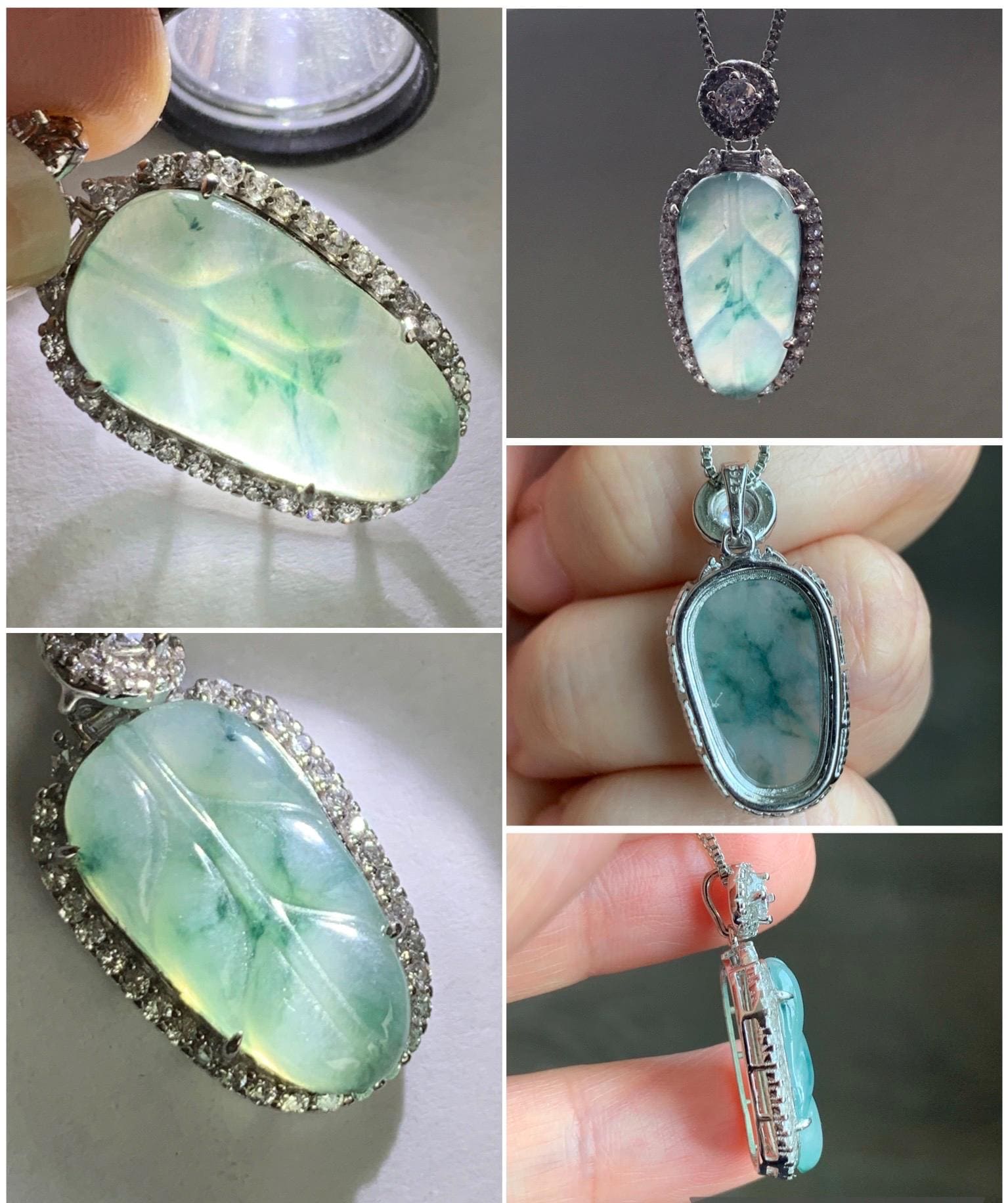 Small Natural Grade A Icy Highly Translucent Gelatinous Green Marbled Jadeite Leaf Pendant S925 Sterling Silver 天然冰胶飘绿花翡翠叶子银镶吊坠 YXR88-D
